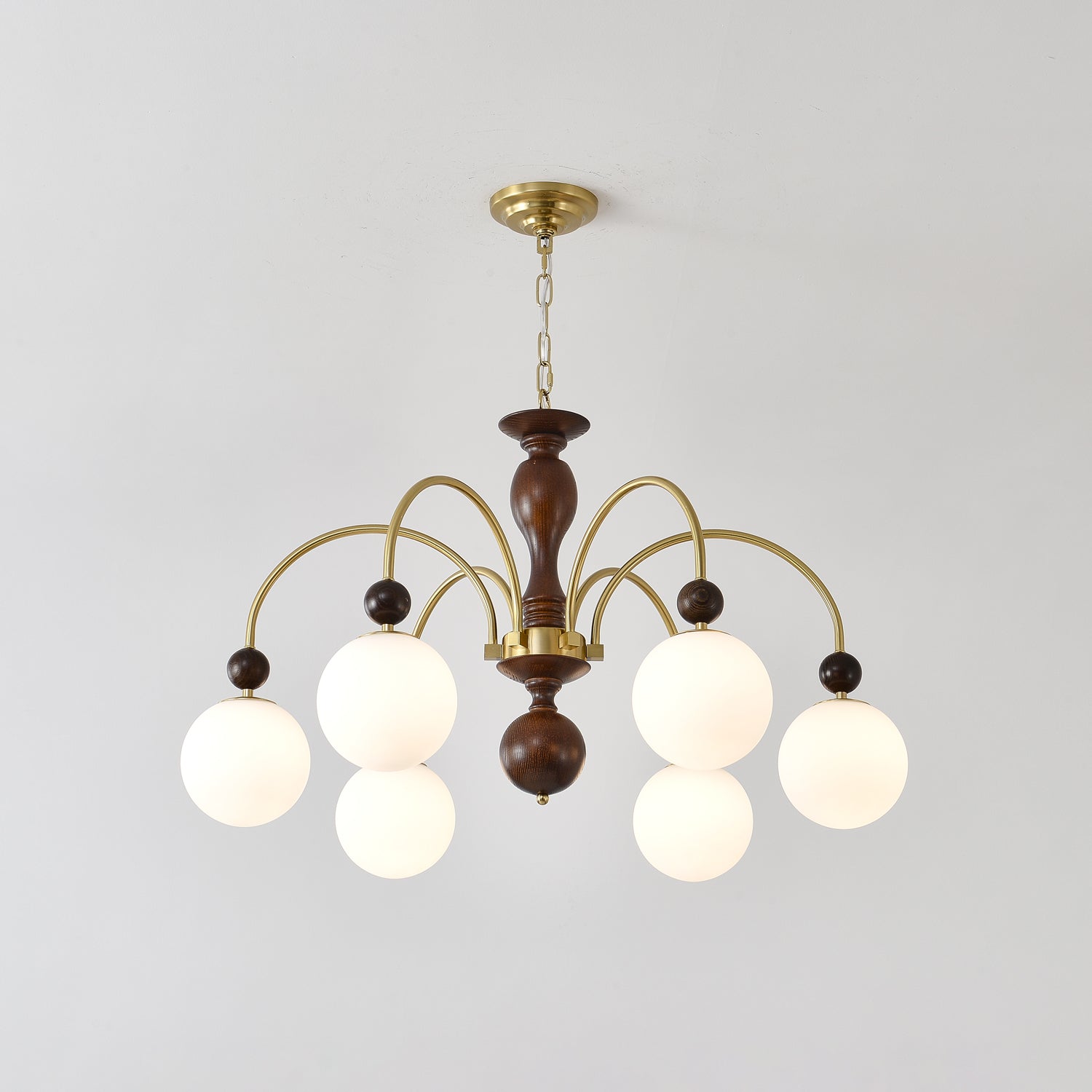 Lustra Pendant Lamp Walnut Brass Globe Vintage - Letslighting
