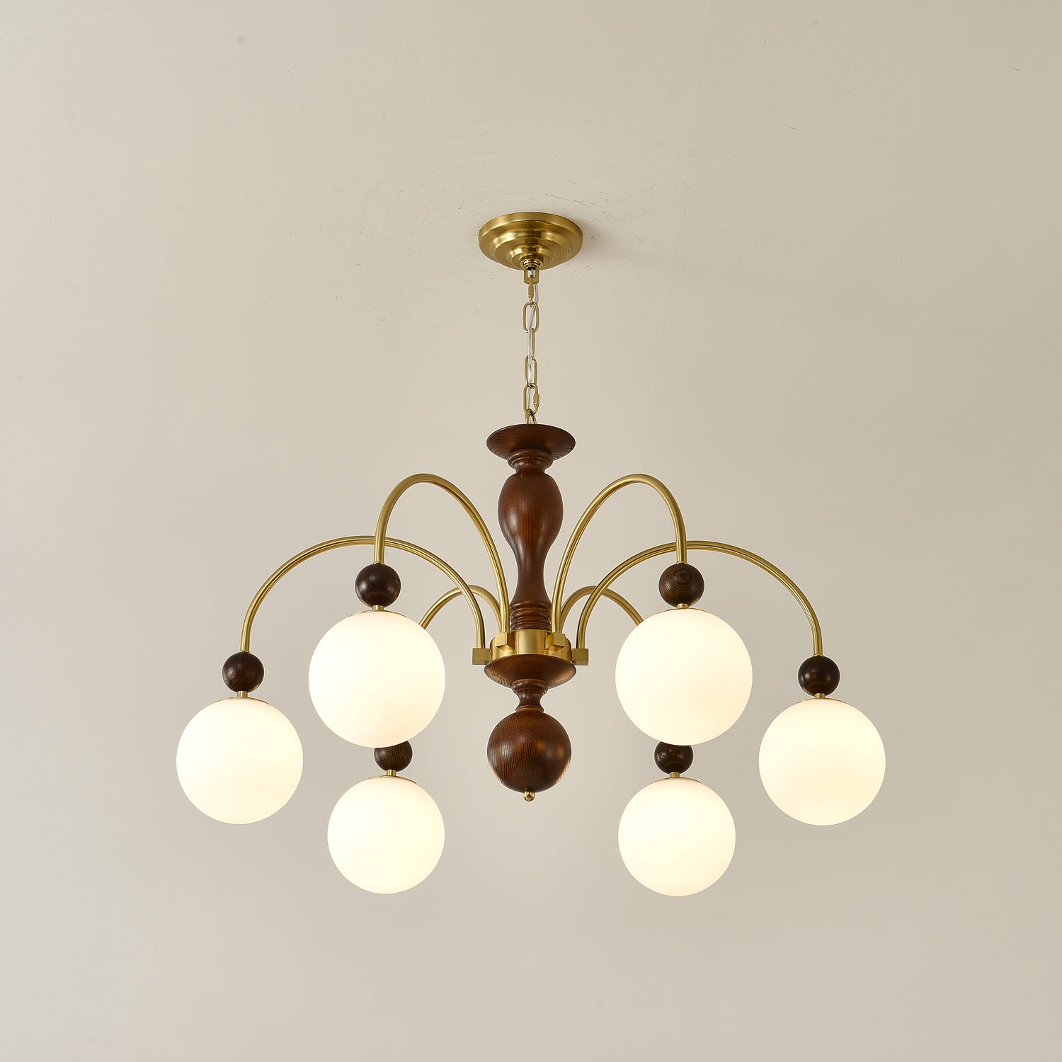 Lustra Pendant Lamp Walnut Brass Globe Vintage - Letslighting