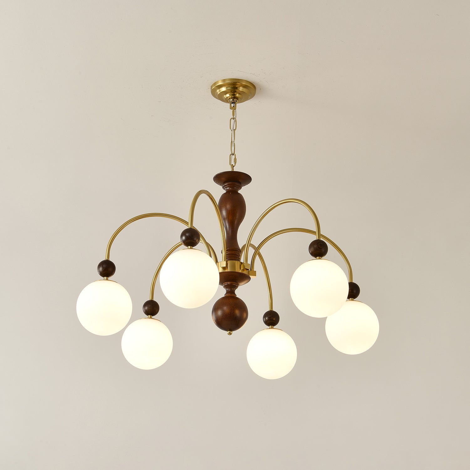 Lustra Pendant Lamp Walnut Brass Globe Vintage - Letslighting