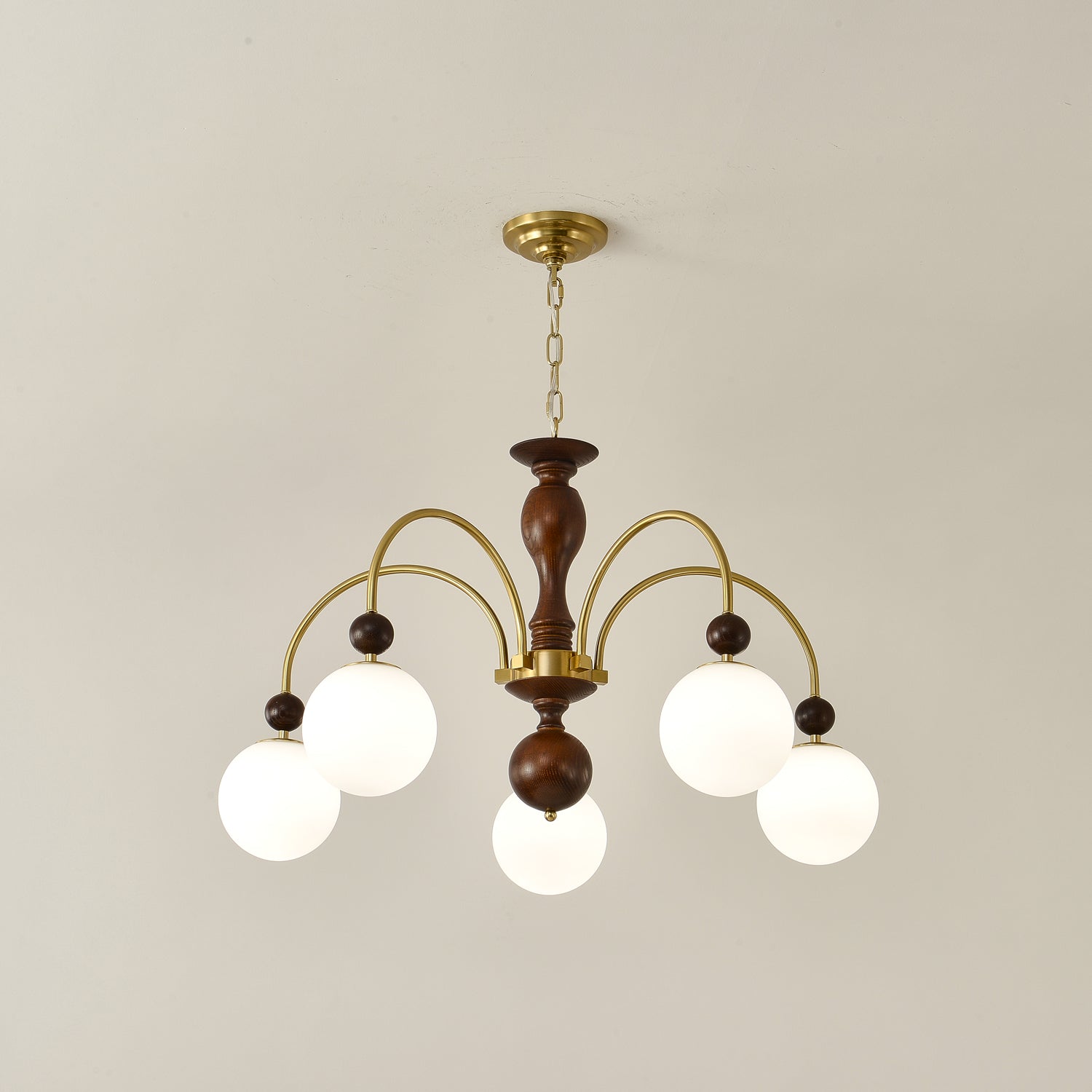 Lustra Pendant Lamp Walnut Brass Globe Vintage - Letslighting
