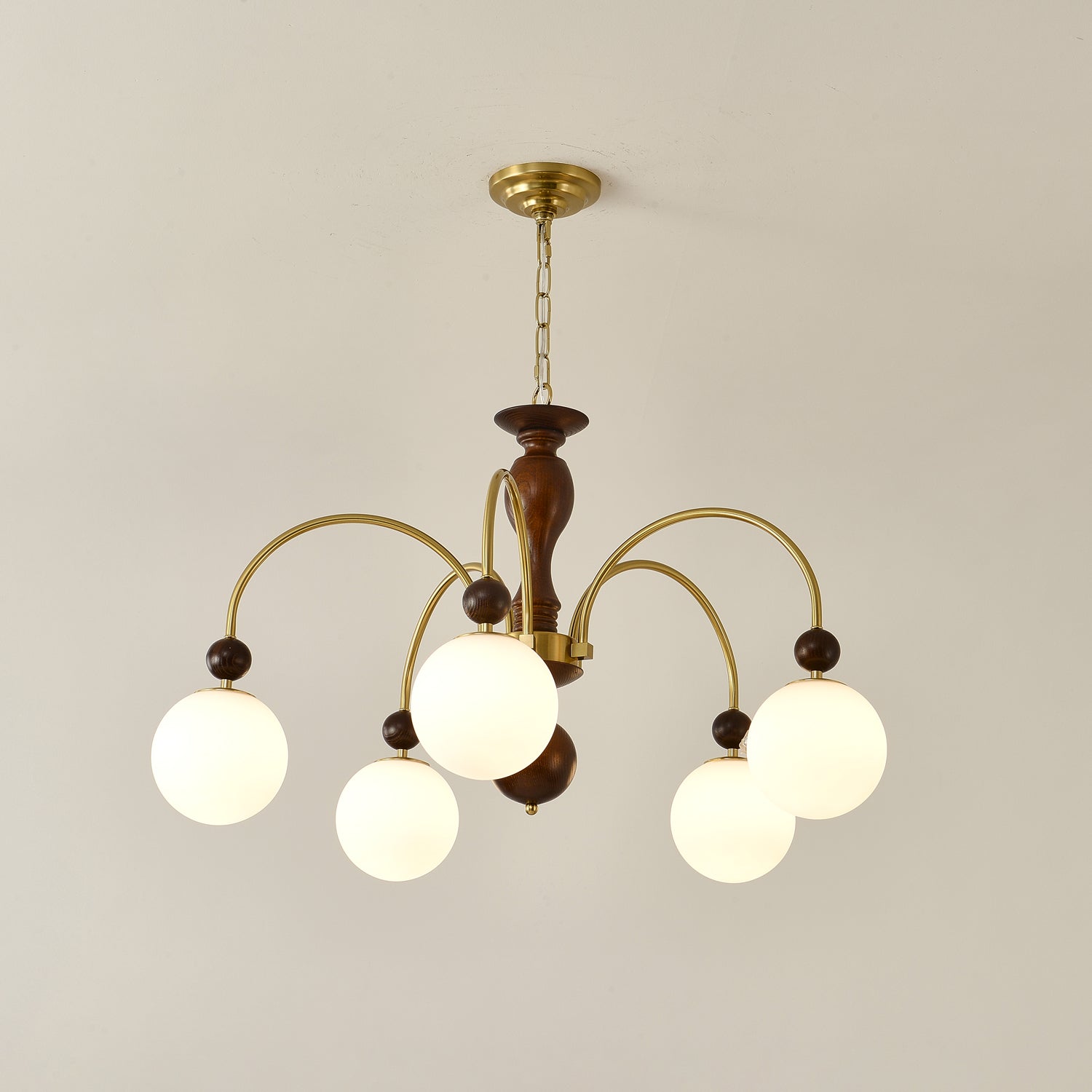 Lustra Pendant Lamp Walnut Brass Globe Vintage - Letslighting