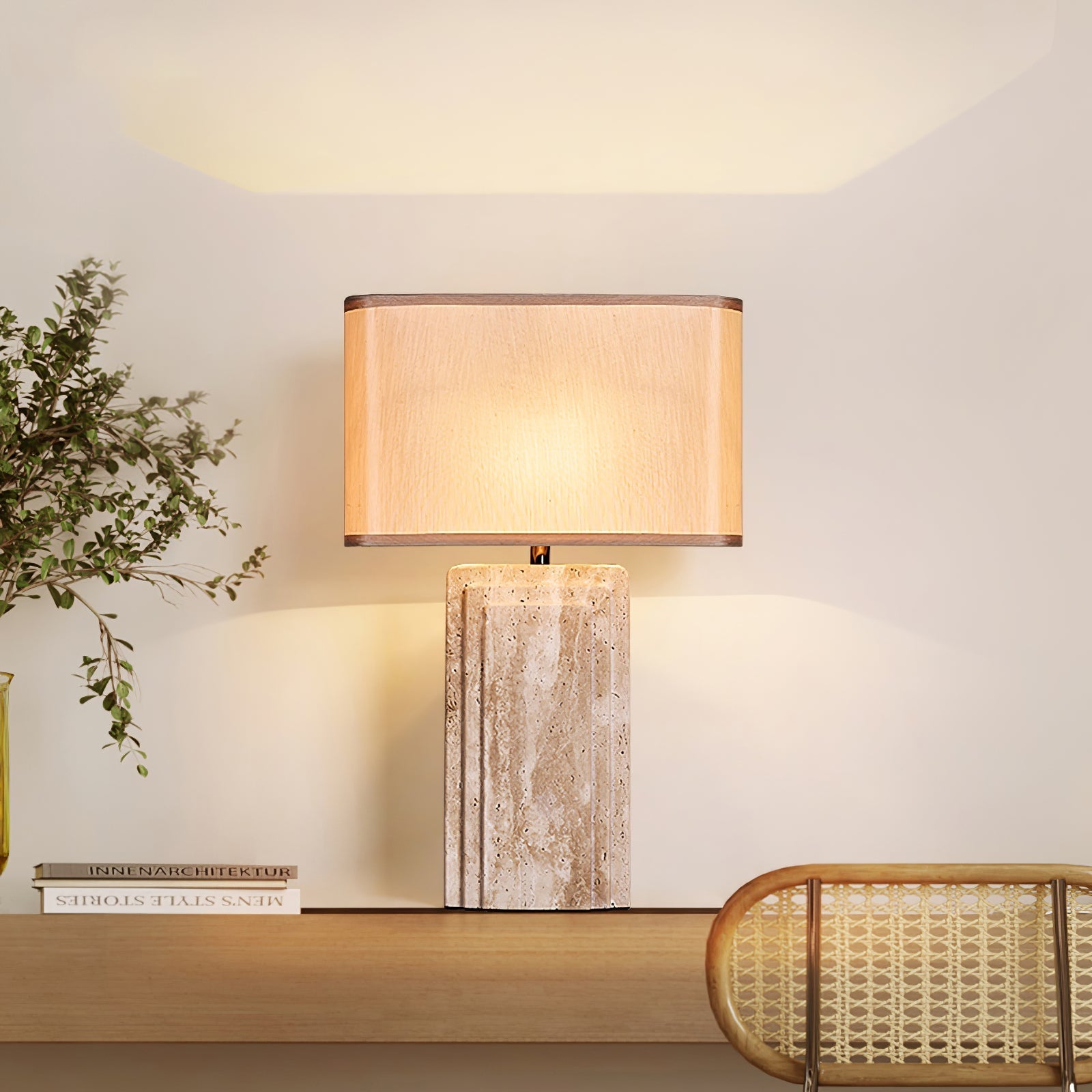 Arco Elegant Travertine & Fabric Table Lamp