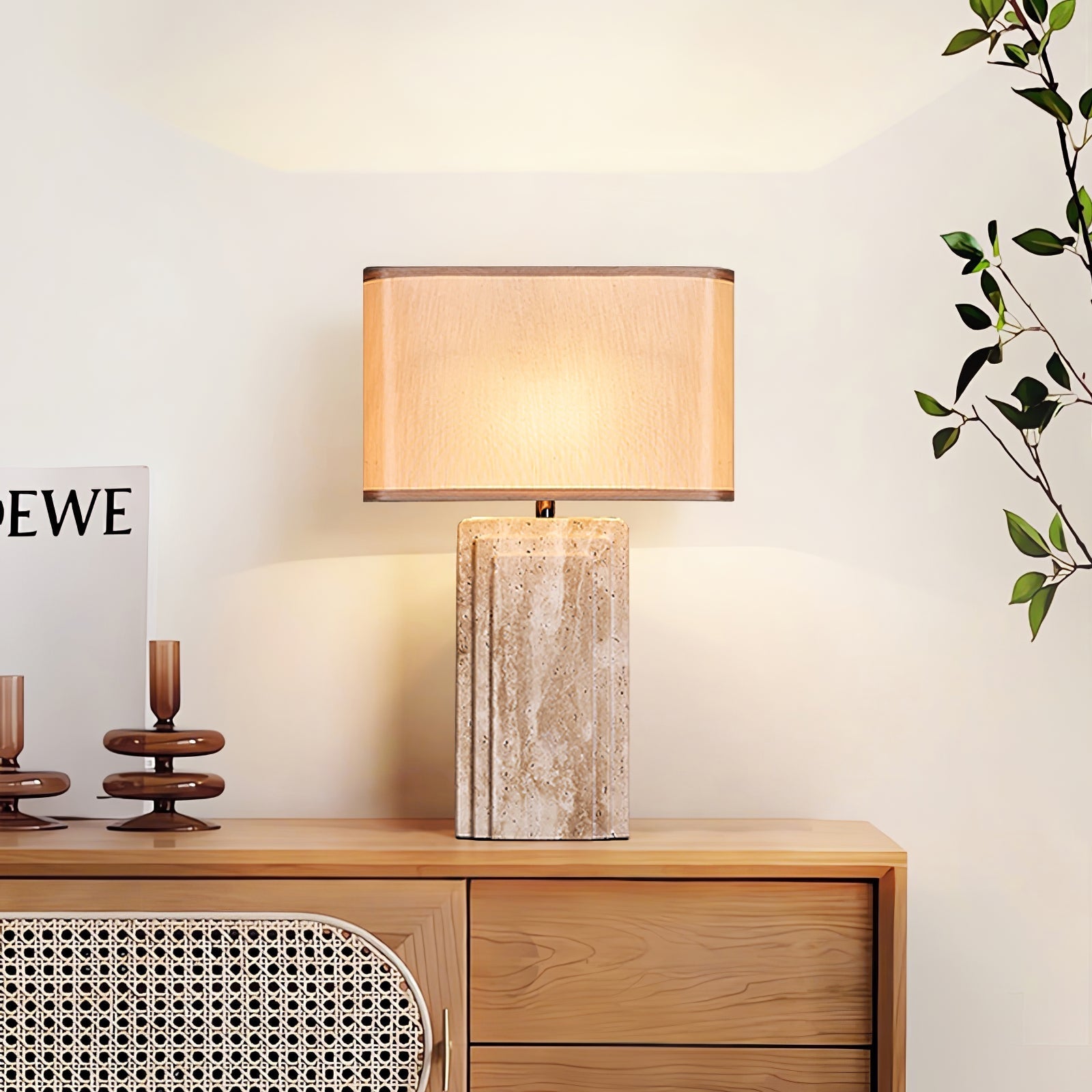 Arco Elegant Travertine & Fabric Table Lamp