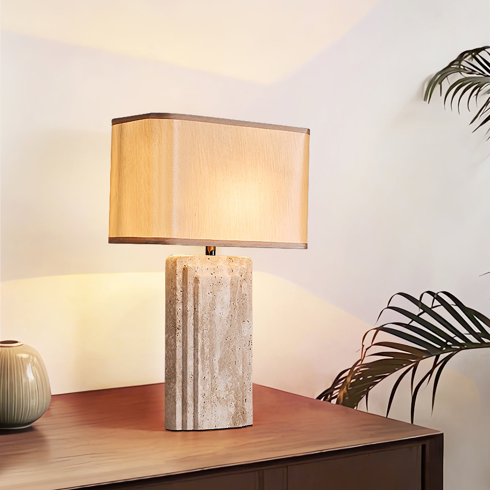 Arco Elegant Travertine & Fabric Table Lamp