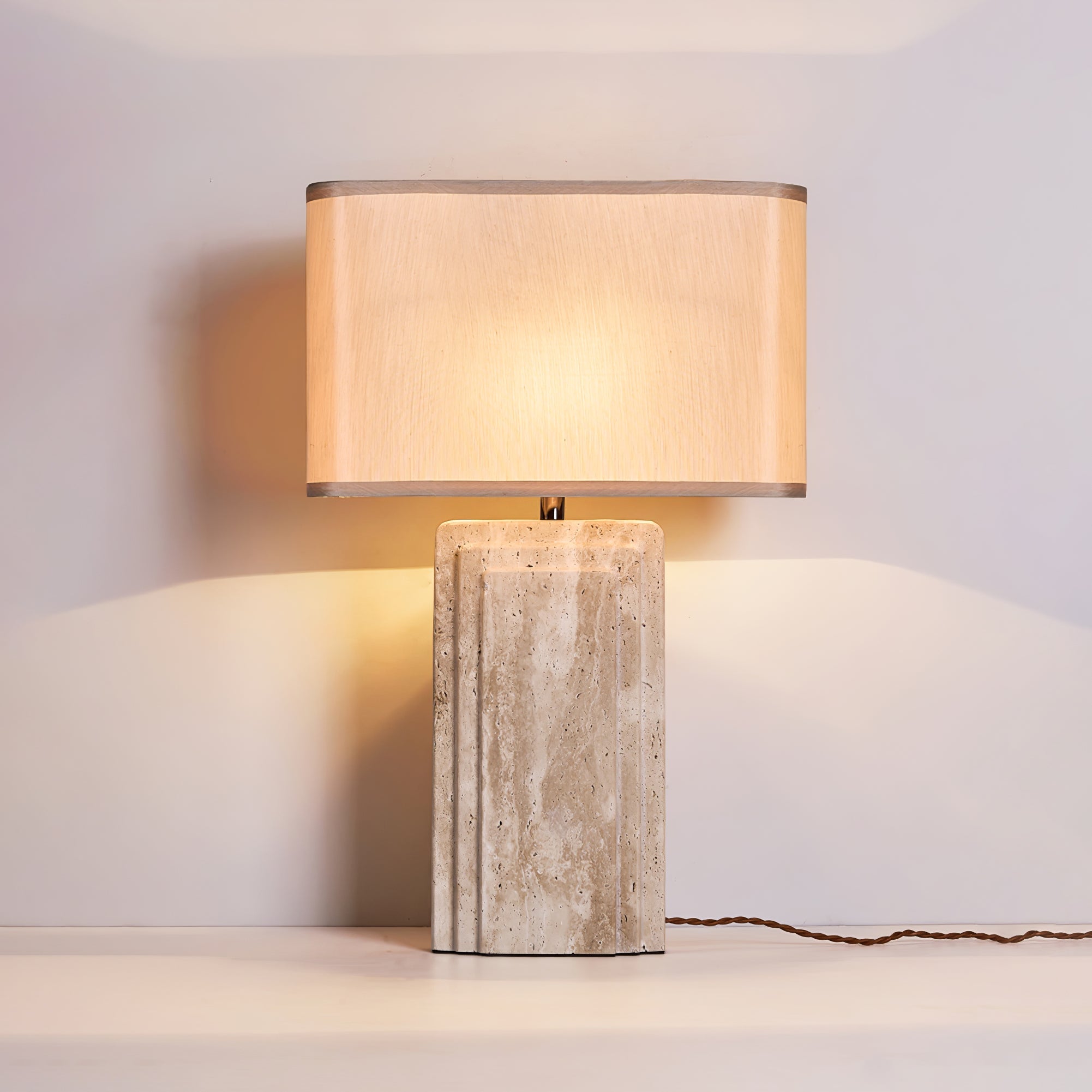 Arco Elegant Travertine & Fabric Table Lamp
