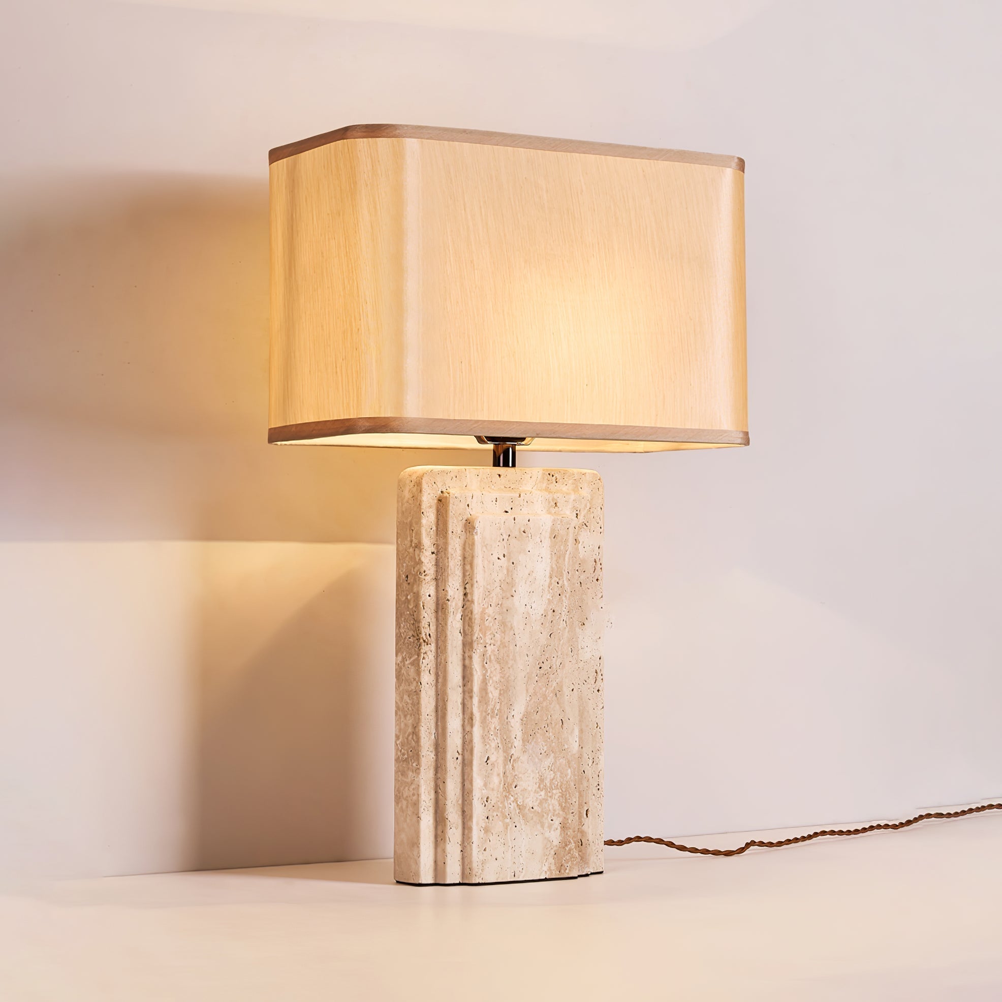 Arco Elegant Travertine & Fabric Table Lamp