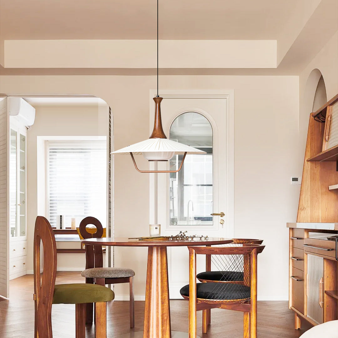 Vionne Mid-Century Wood and White Pendant Lamp - Letslighting