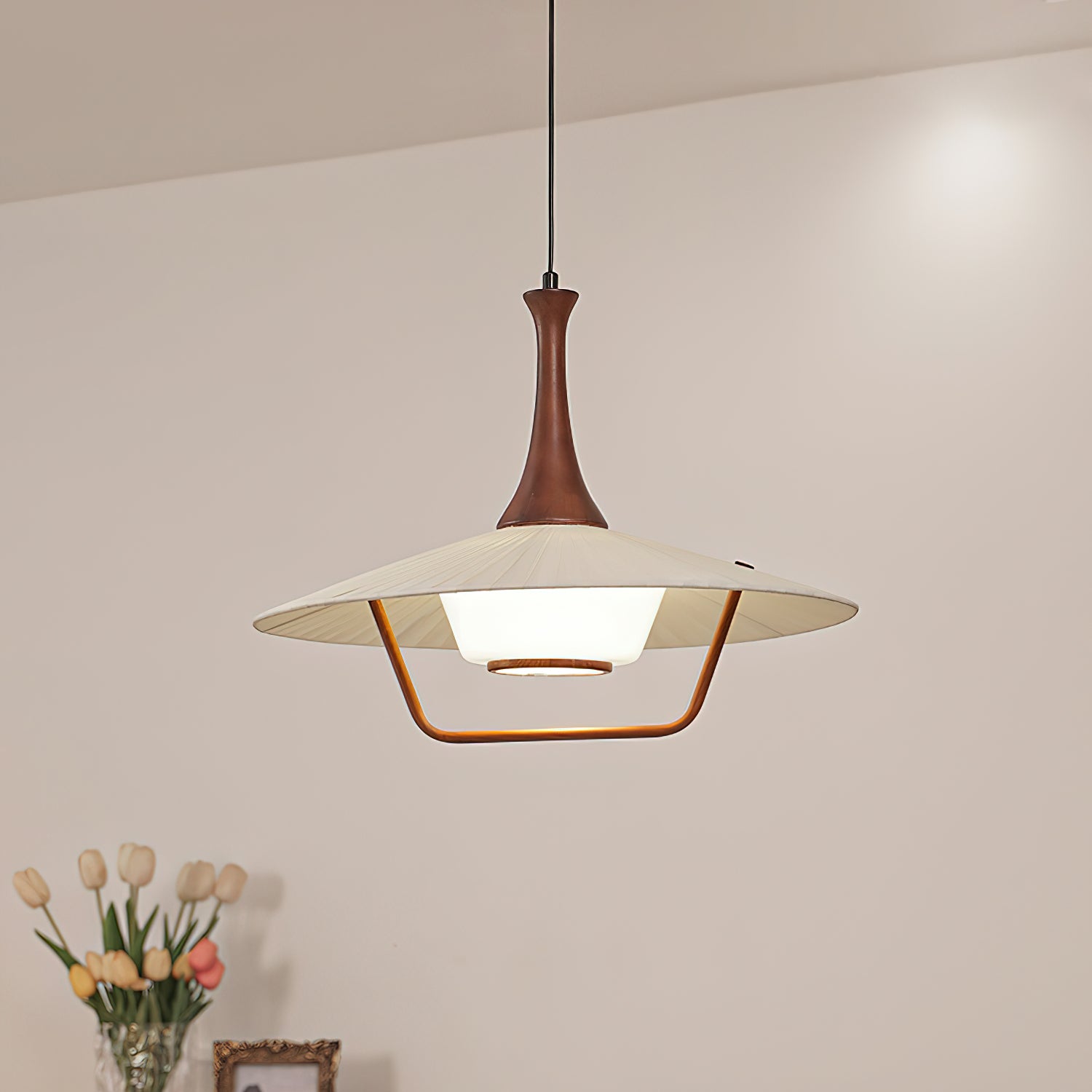 Vionne Mid-Century Wood and White Pendant Lamp - Letslighting