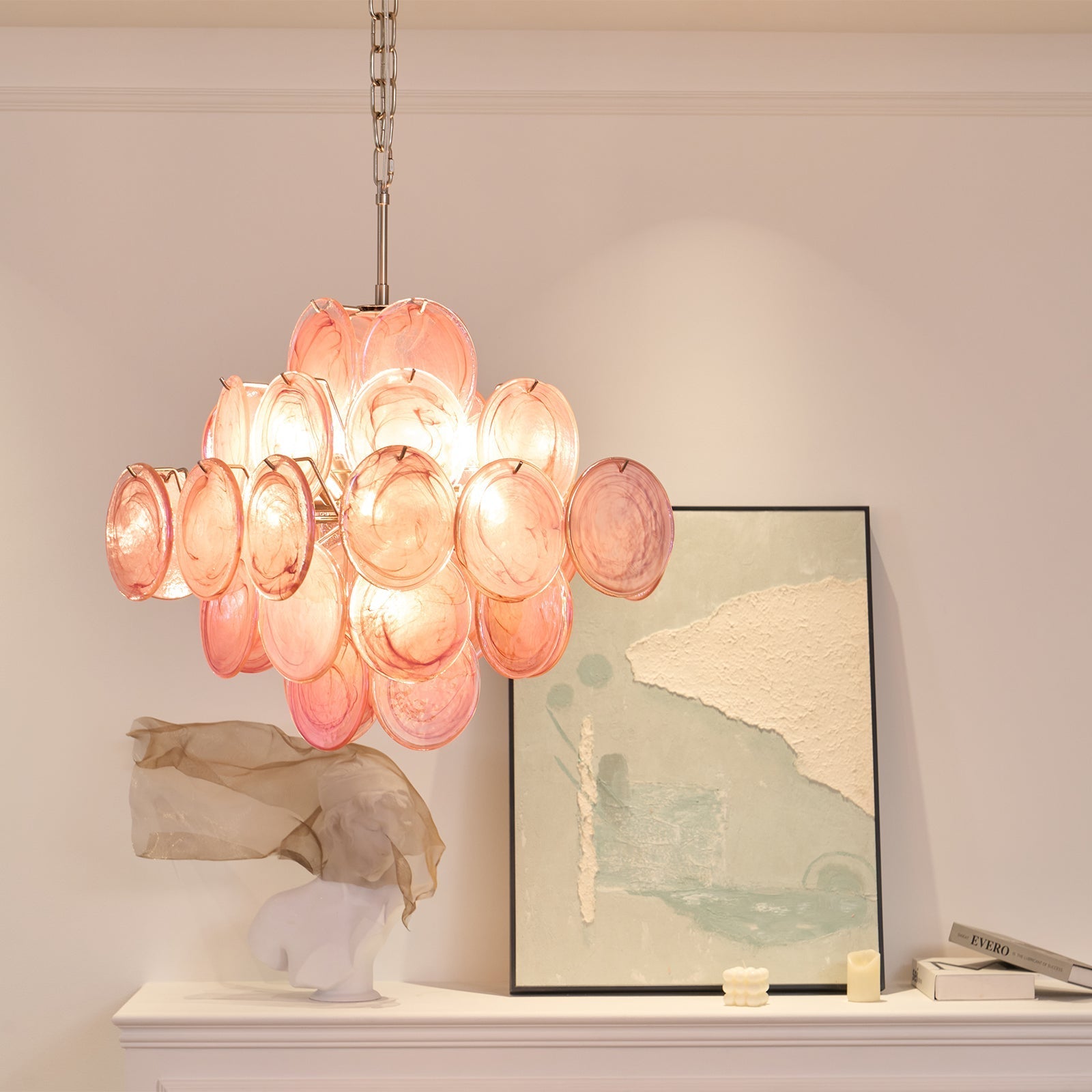 Aurora Chandelier Pink Glass Disc Layered Romantic - Letslighting