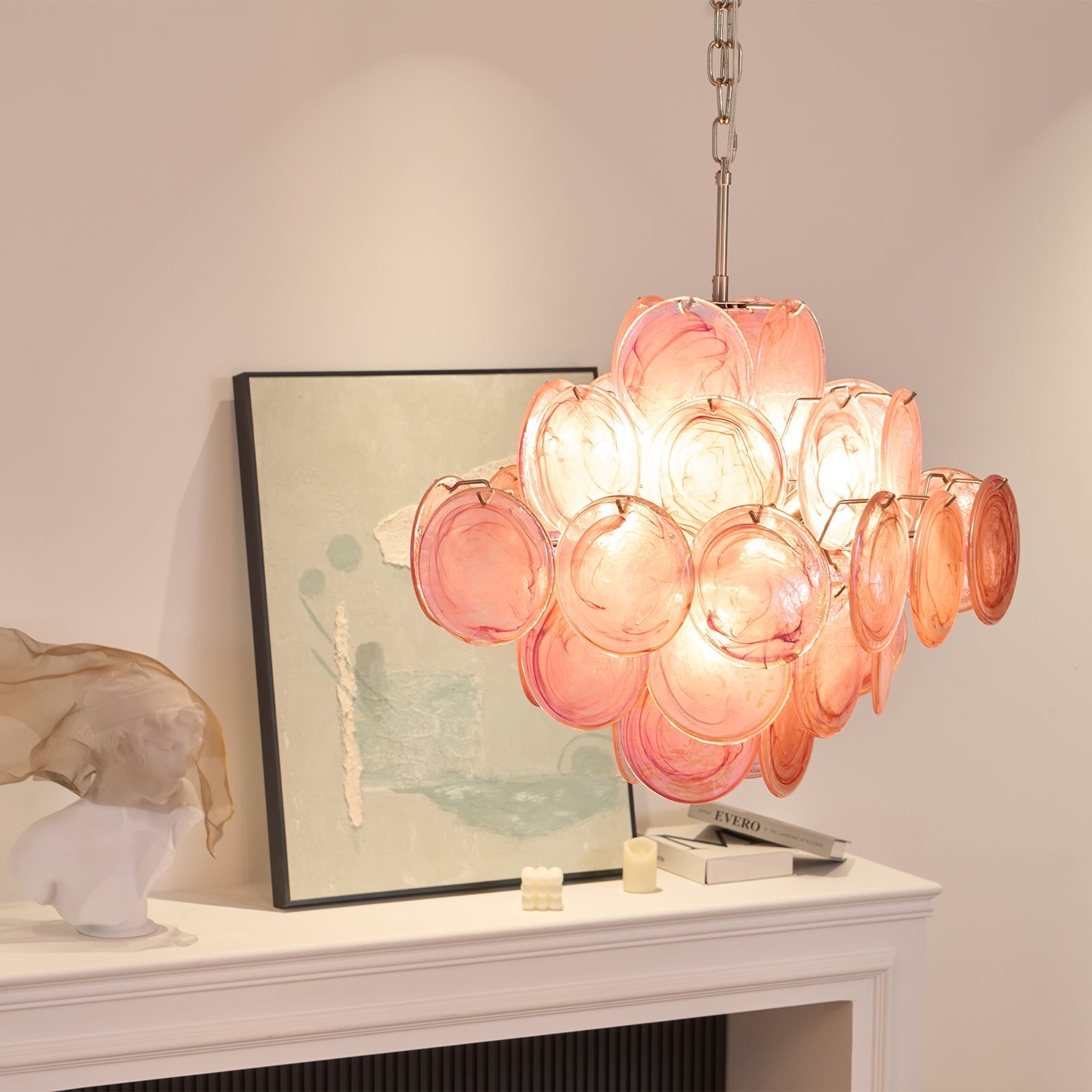 Aurora Chandelier Pink Glass Disc Layered Romantic - Letslighting