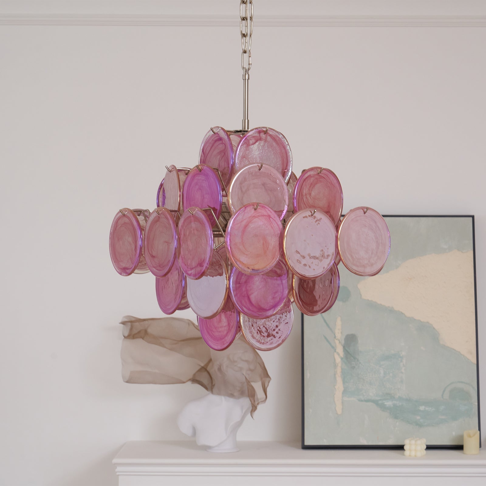 Aurora Chandelier Pink Glass Disc Layered Romantic - Letslighting