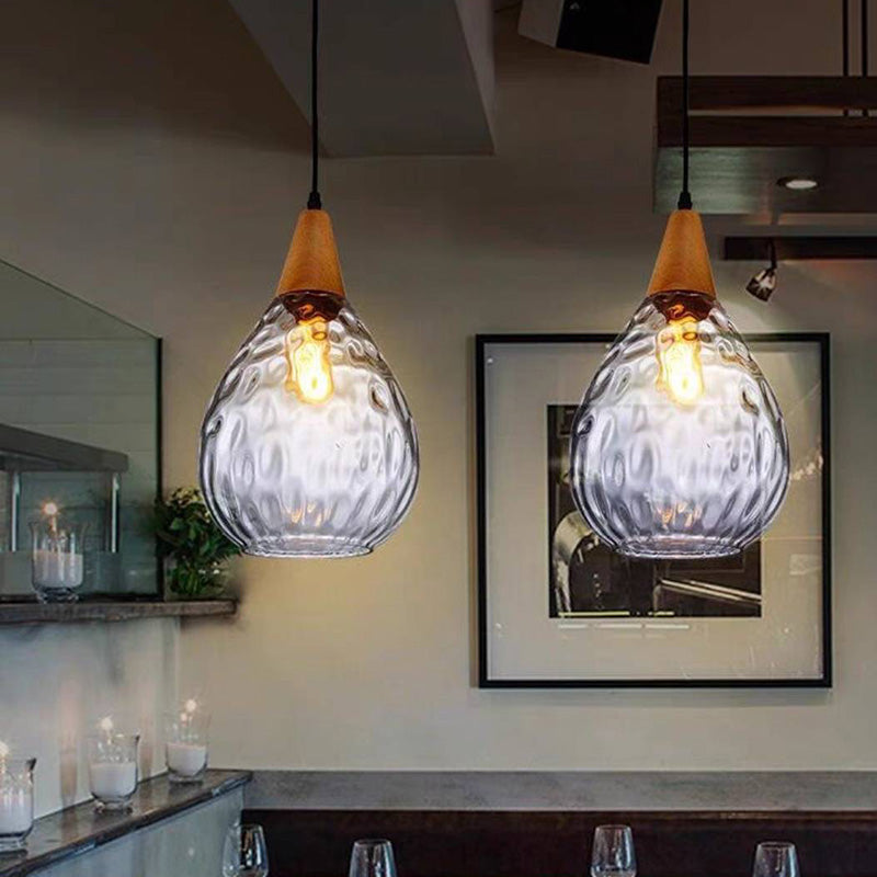 Avi Vintage Teardrop Pendant Light, Glass/Wood