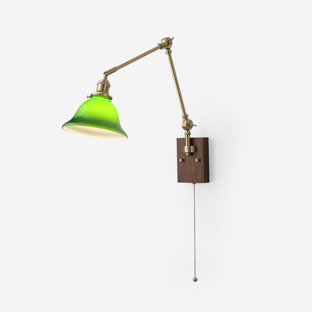 Wall Lamp Brass and Glass Shade Walnut Wood Base Adjustable Arm Vintage - Letslighting