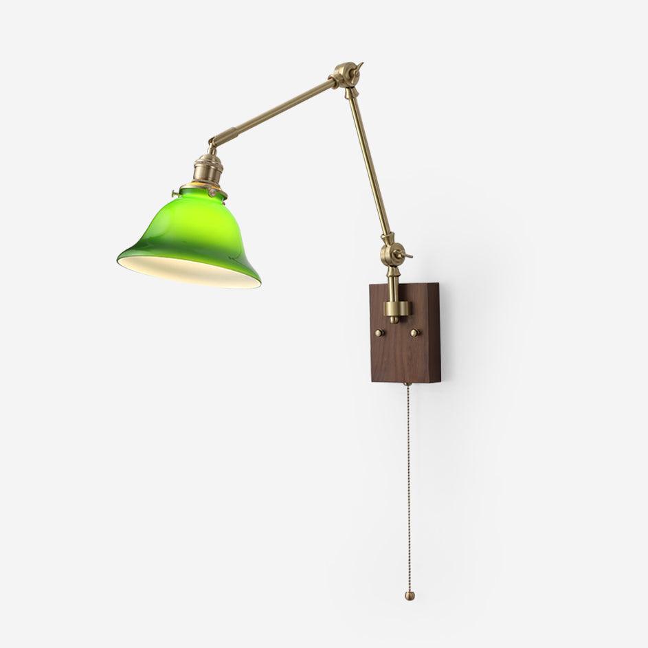 Wall Lamp Brass and Glass Shade Walnut Wood Base Adjustable Arm Vintage - Letslighting