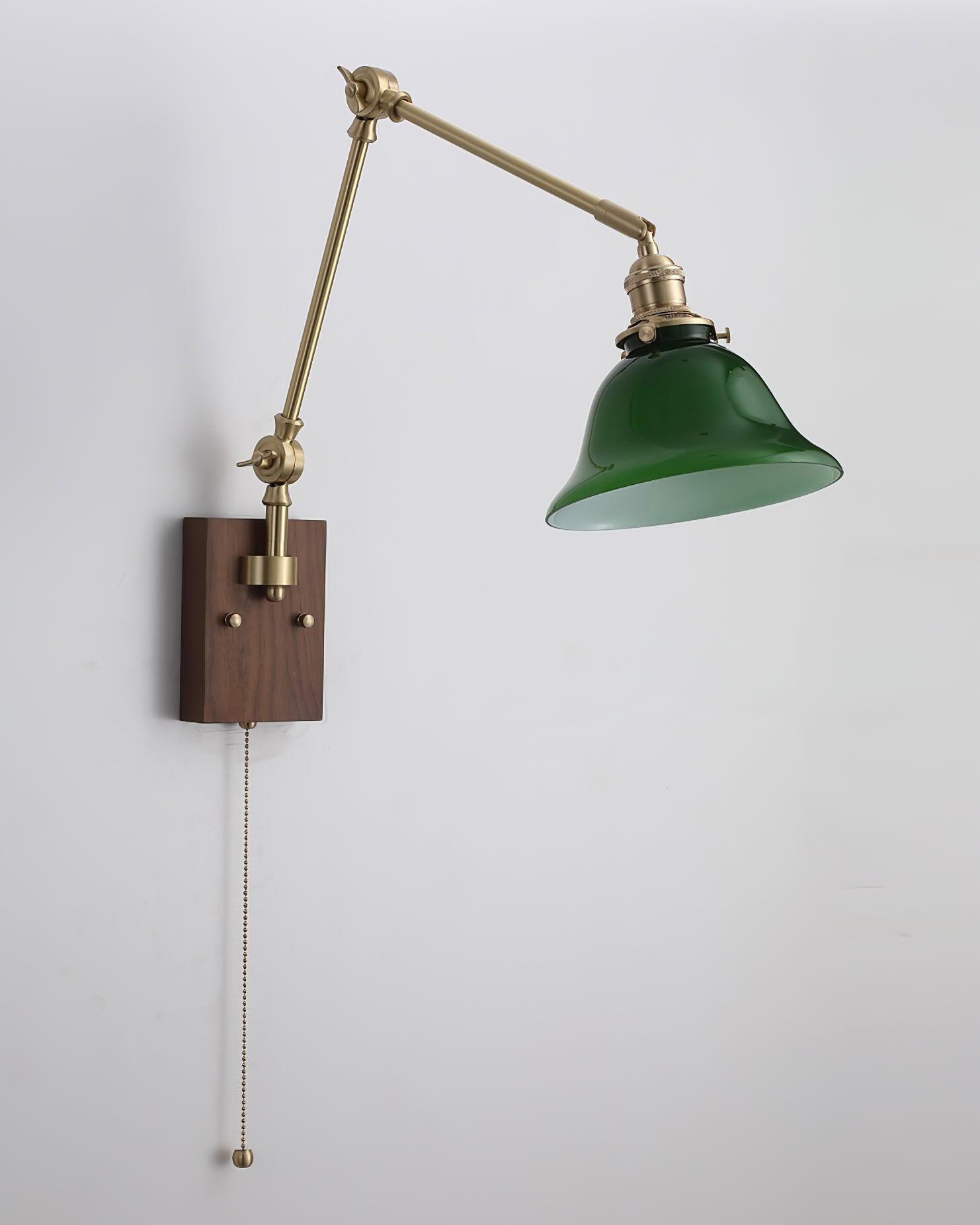 Wall Lamp Brass and Glass Shade Walnut Wood Base Adjustable Arm Vintage - Letslighting