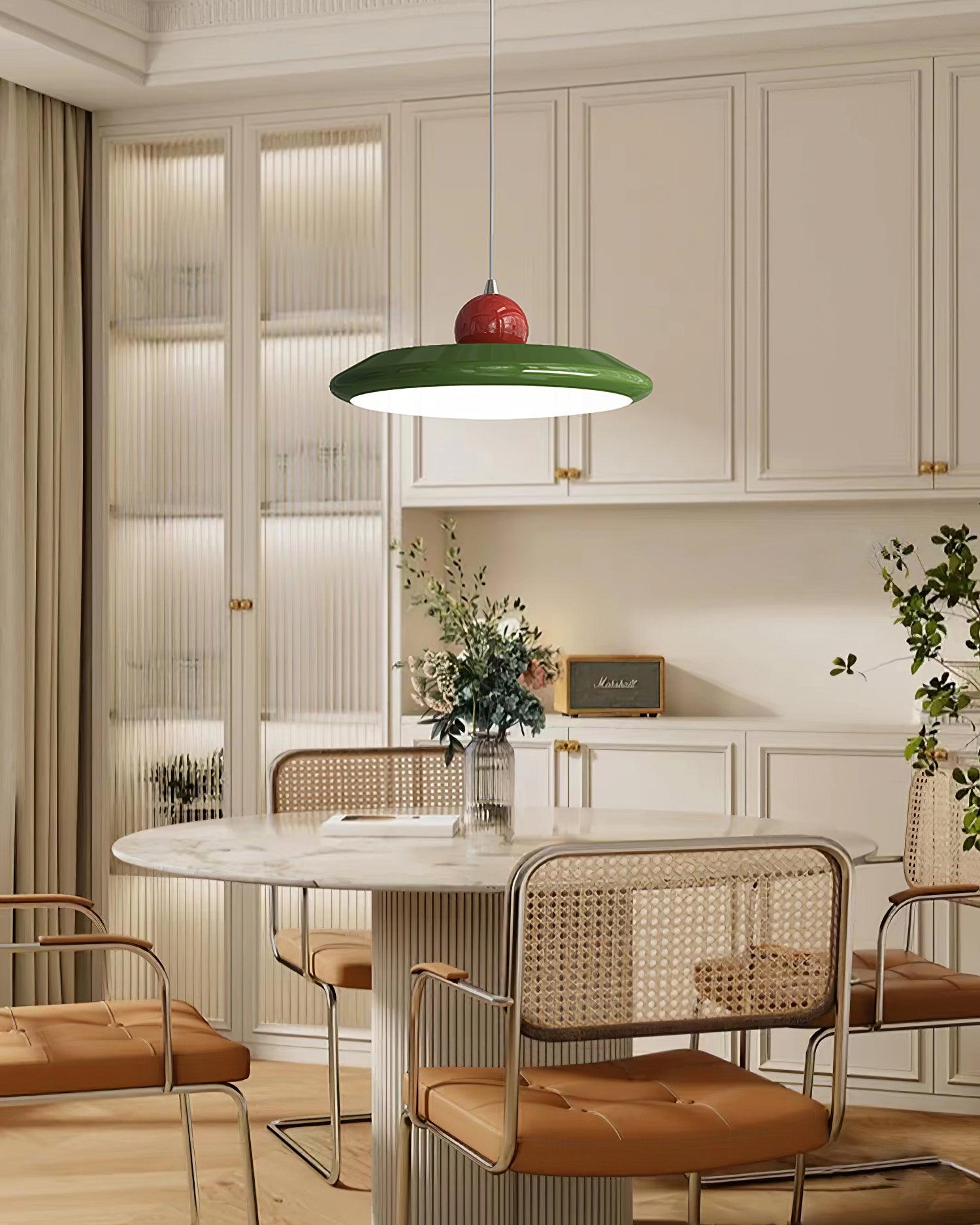 Pendant Lamp White Acrylic Disc Green Trim Red Bold - Letslighting