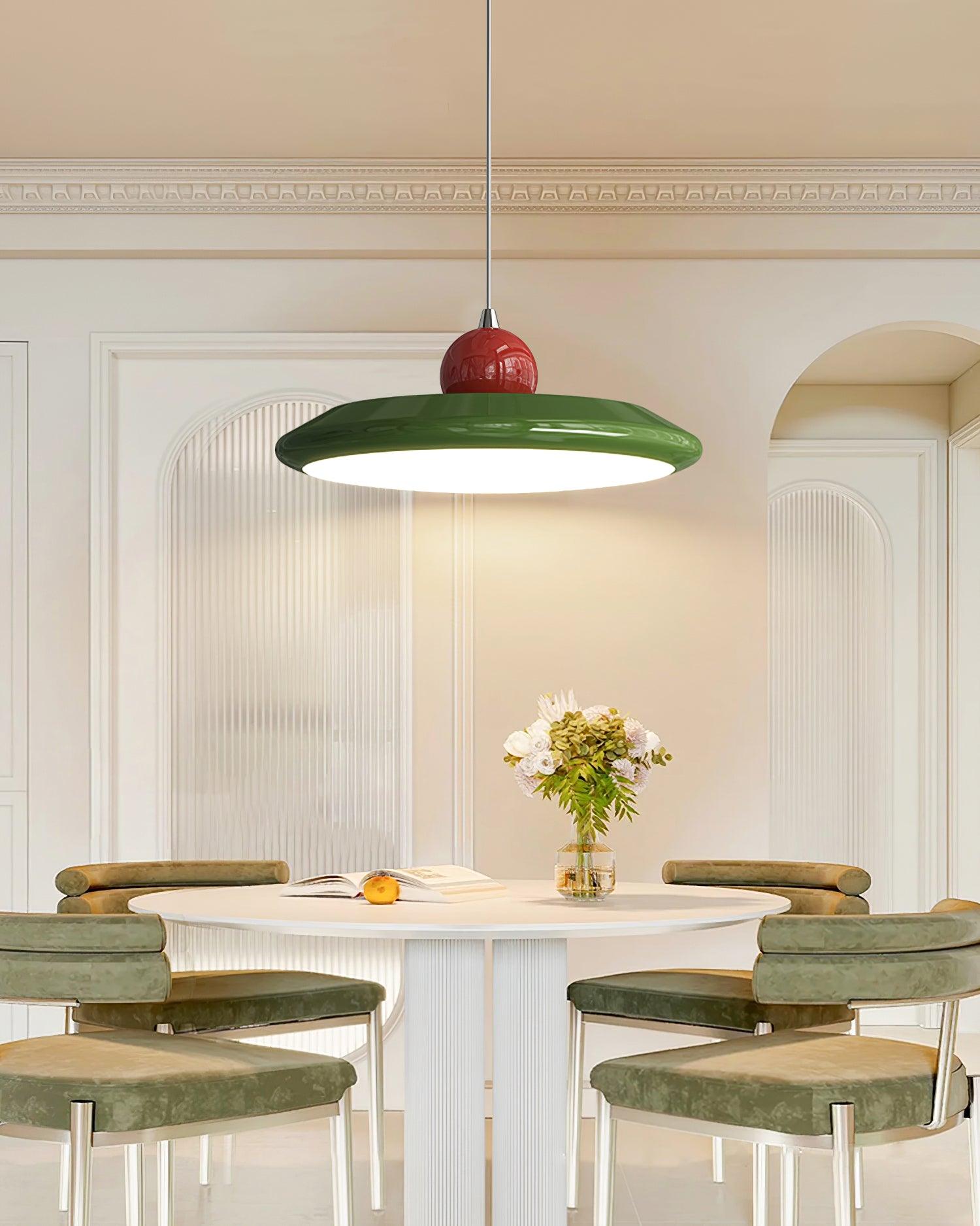Pendant Lamp White Acrylic Disc Green Trim Red Bold - Letslighting