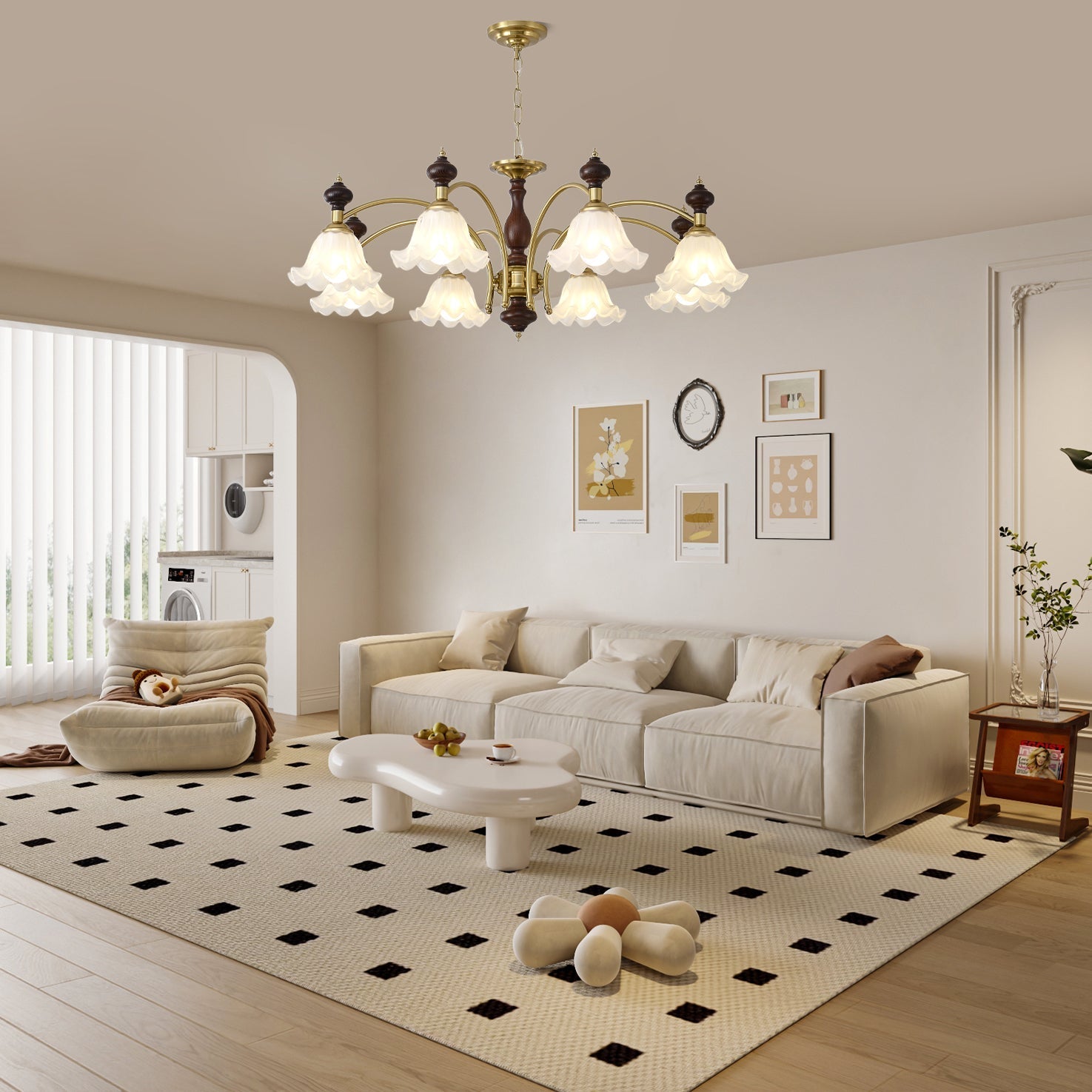 Lustra Chandelier Wood & Brass Blossom Flowers - Letslighting