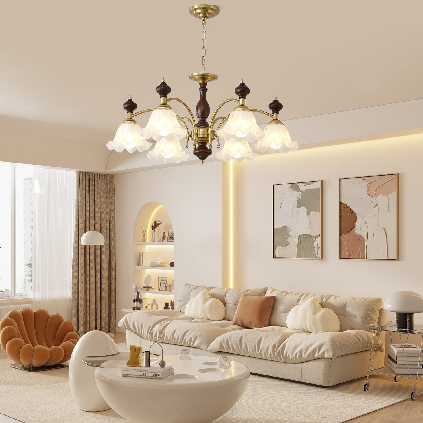 Lustra Chandelier Wood & Brass Blossom Flowers - Letslighting