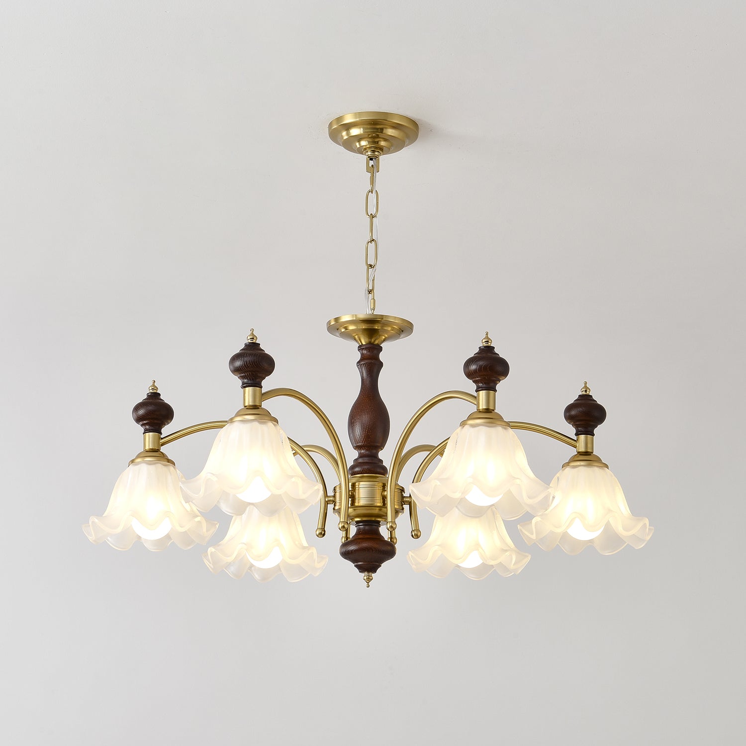 Lustra Chandelier Wood & Brass Blossom Flowers - Letslighting