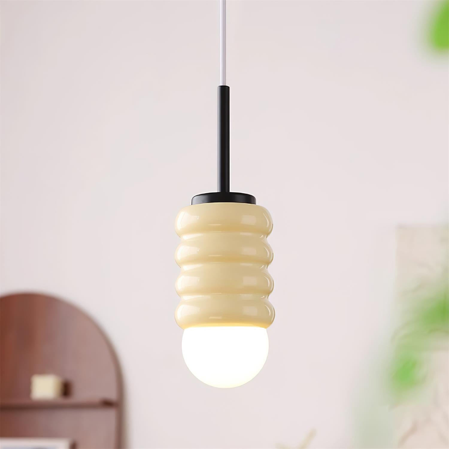 Pendant Lamp Ribbed Ceramic Shade Brass Warm Midcentury - Letslighting