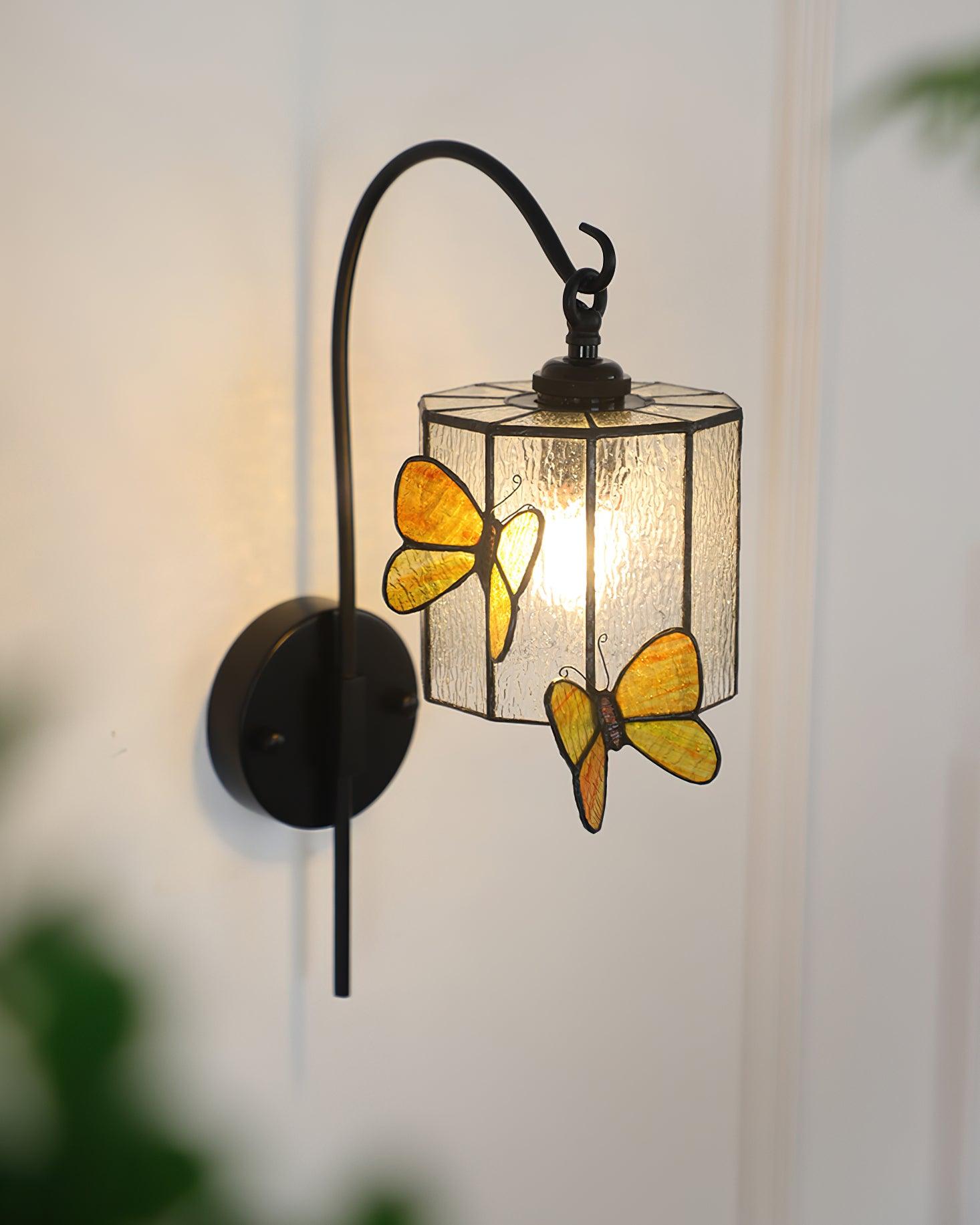 Wall Lamp Tiffany Glass Butterfly Shade Pink Yellow Art - Letslighting