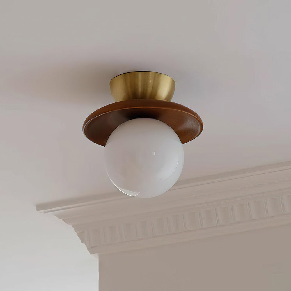 Ceiling Light Globe Opal Glass Modern Brass Walnut Accent Flush Mount - Letslighting