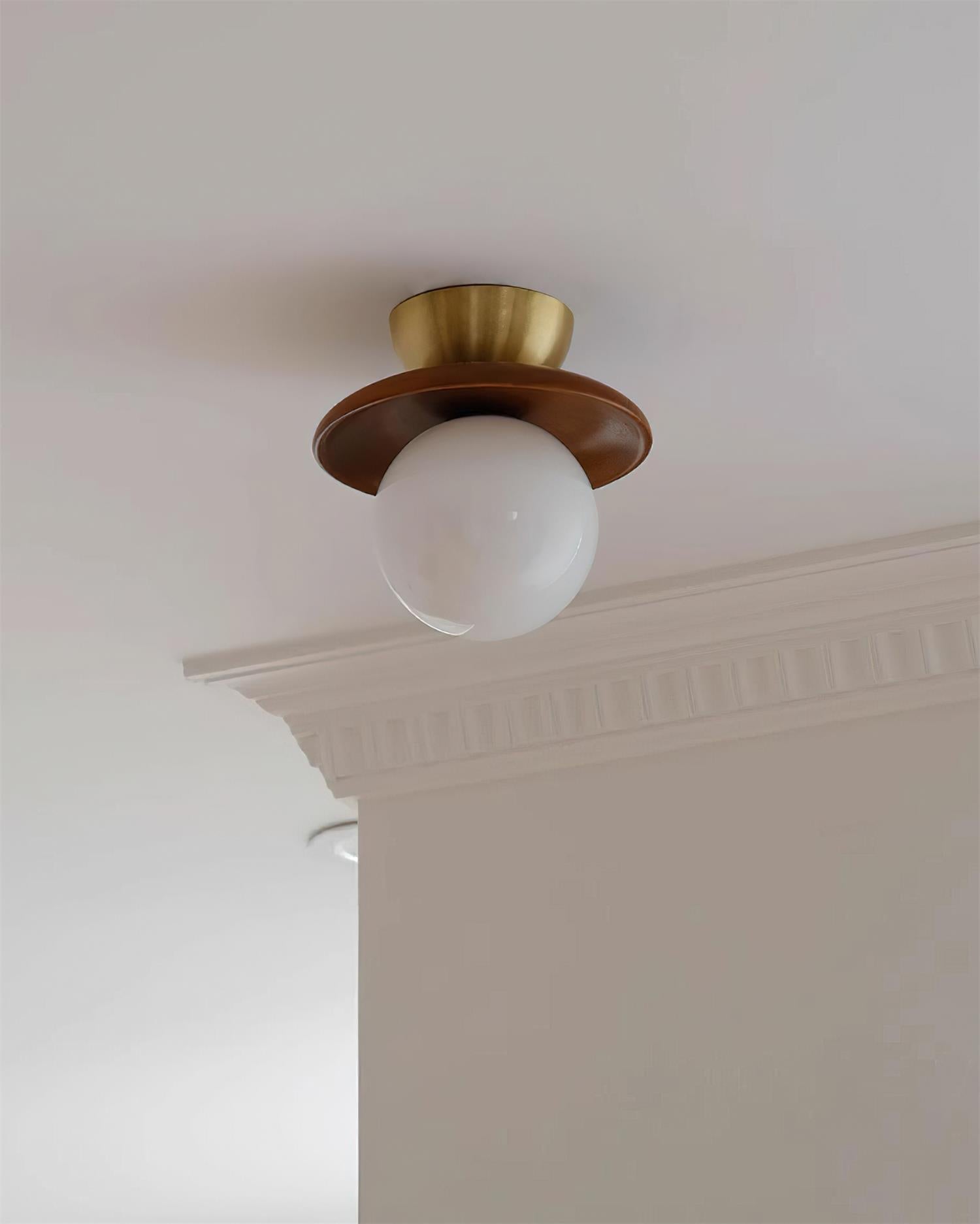 Ceiling Light Globe Opal Glass Modern Brass Walnut Accent Flush Mount - Letslighting