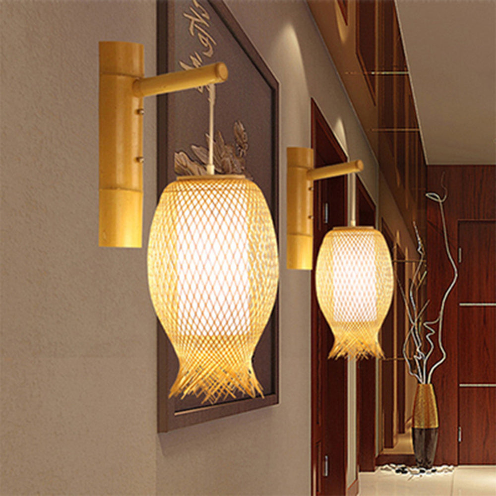 Muto Wall Lamp Rustic, Ritta Rattan Weaving LED, Hallway Wall Sconce