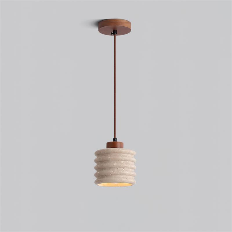 Pendant Lamp Travertine Ripple Shade Walnut Wood Organic Wabi-Sabi