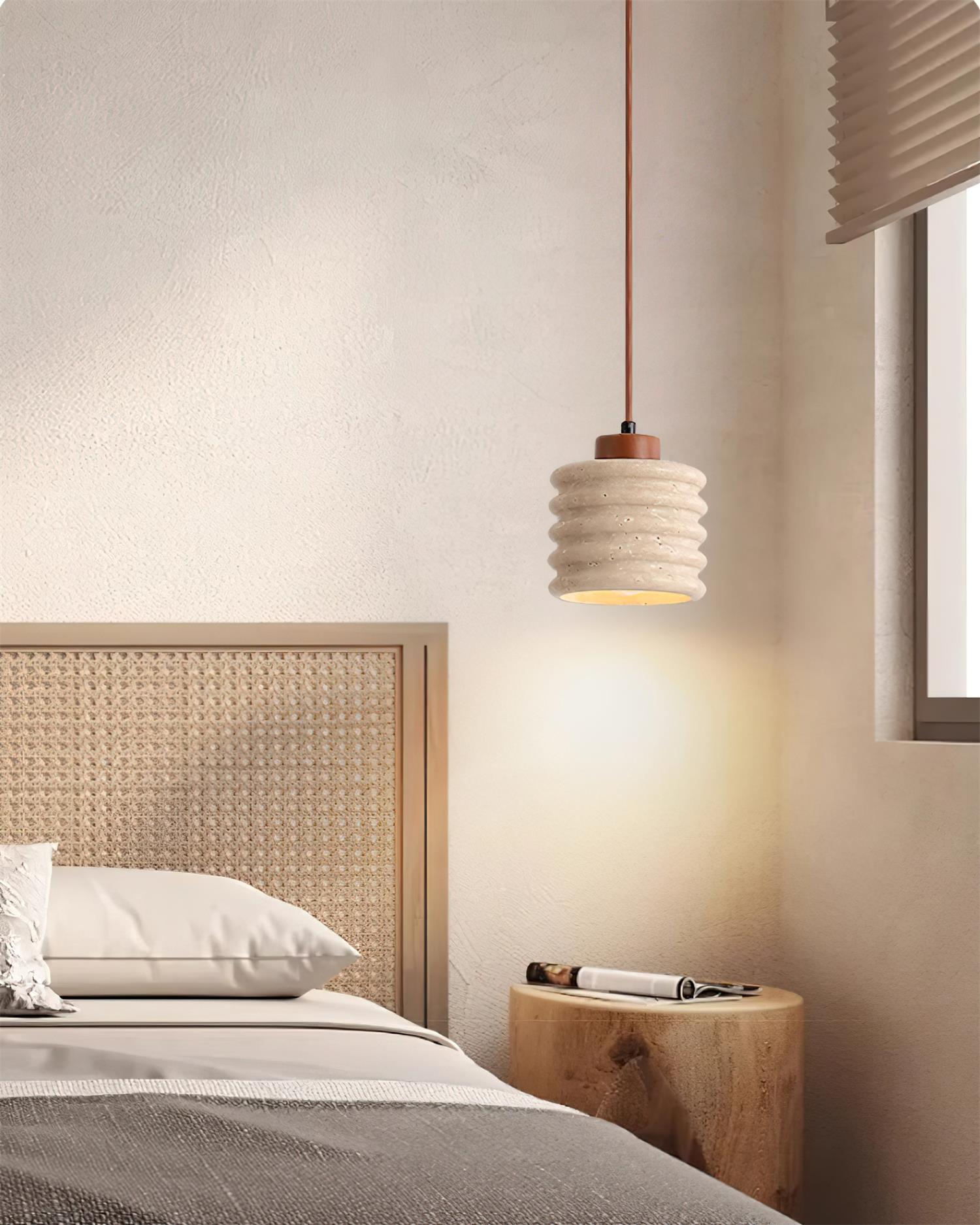 Pendant Lamp Travertine Ripple Shade Walnut Wood Organic Wabi-Sabi