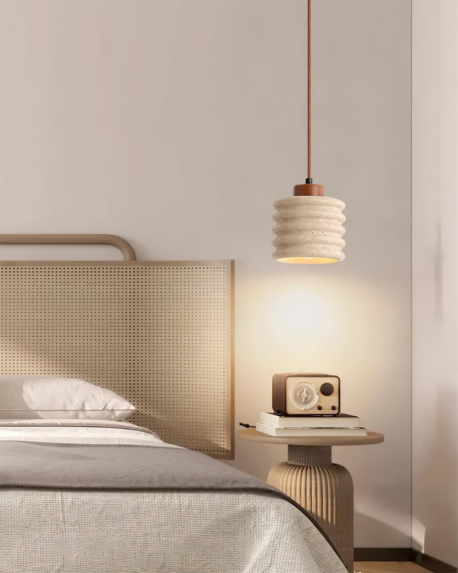 Pendant Lamp Travertine Ripple Shade Walnut Wood Organic Wabi-Sabi