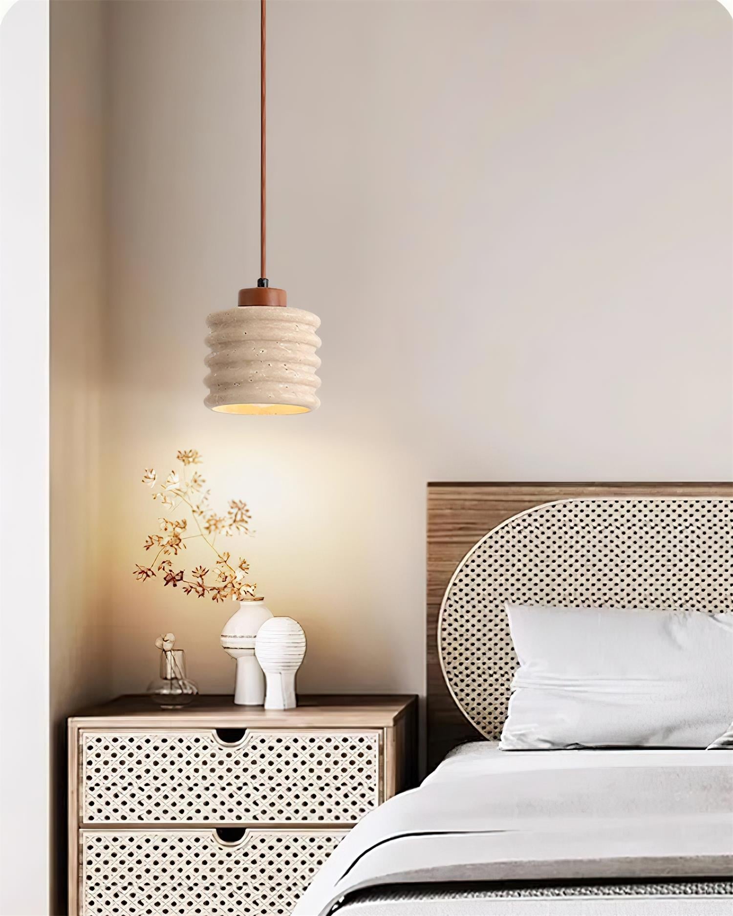Pendant Lamp Travertine Ripple Shade Walnut Wood Organic Wabi-Sabi