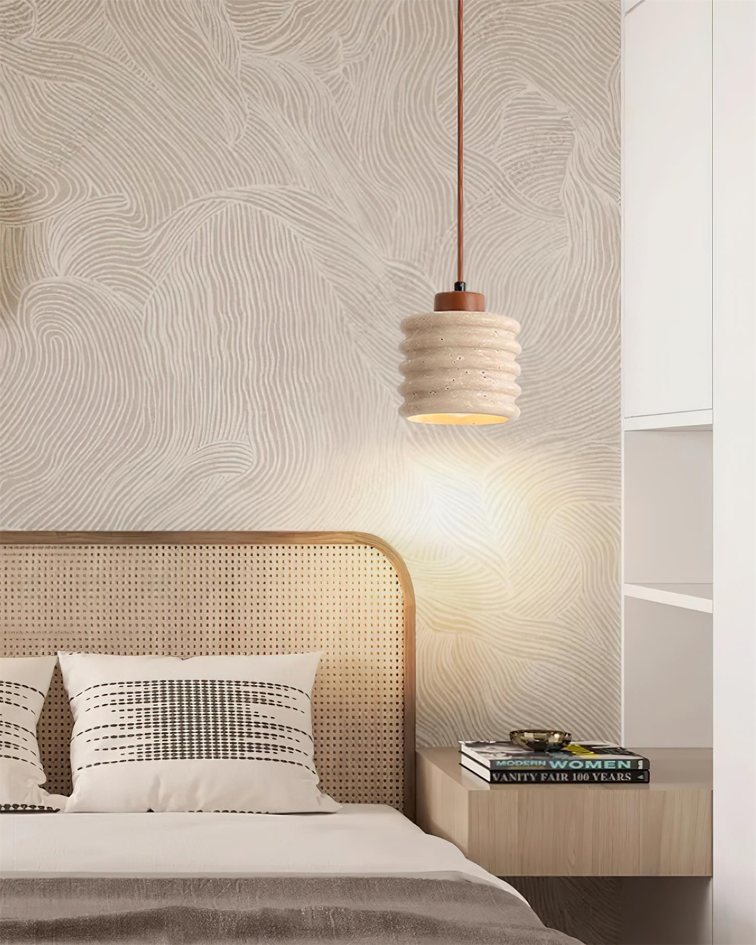 Pendant Lamp Travertine Ripple Shade Walnut Wood Organic Wabi-Sabi
