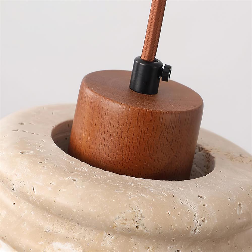 Pendant Lamp Travertine Ripple Shade Walnut Wood Organic Wabi-Sabi