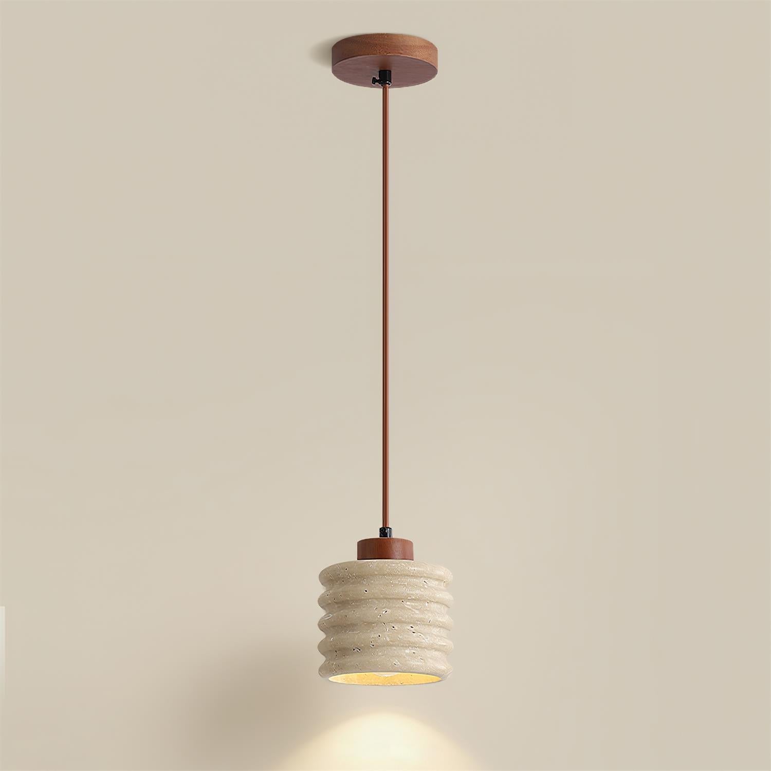 Pendant Lamp Travertine Ripple Shade Walnut Wood Organic Wabi-Sabi