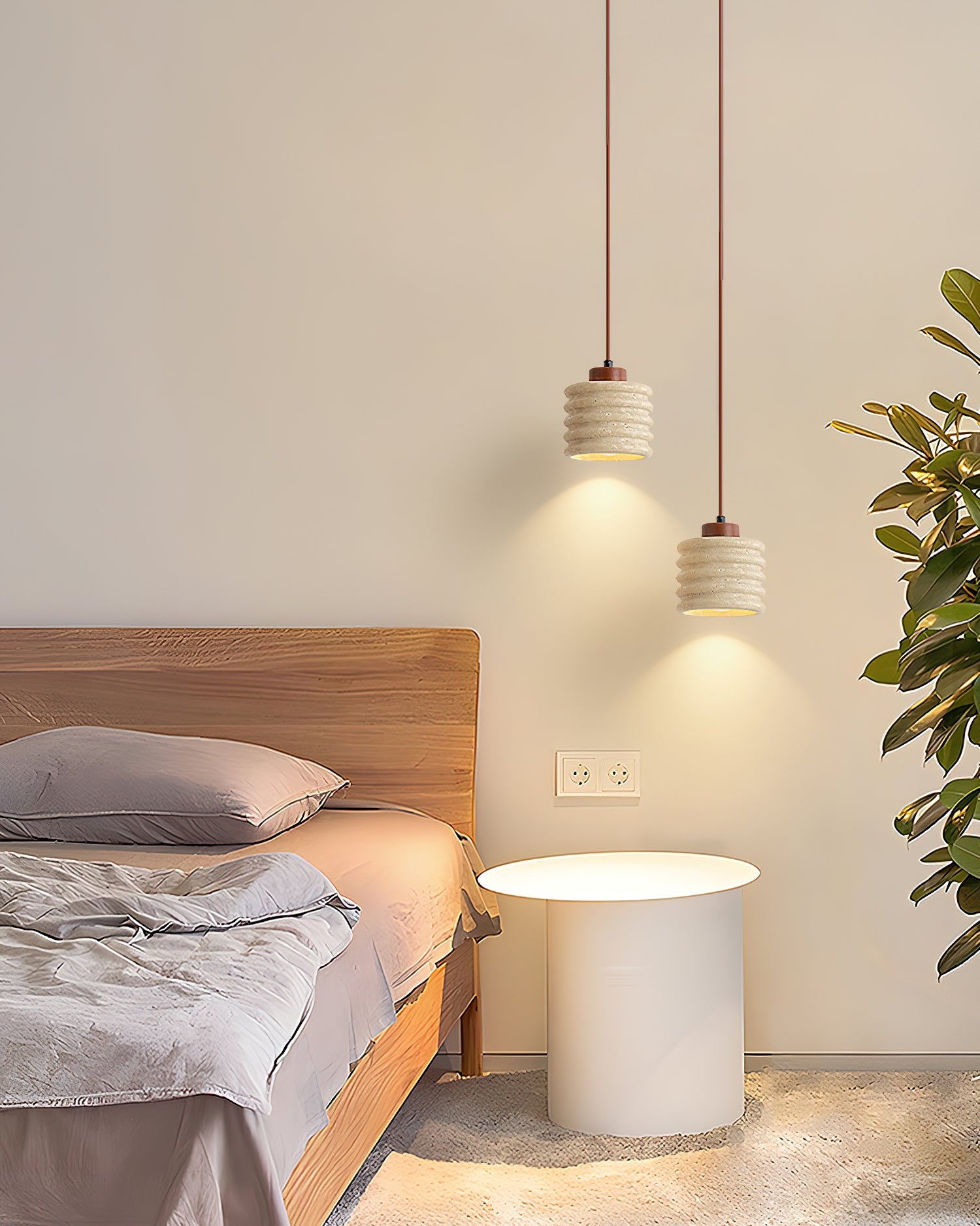 Pendant Lamp Travertine Ripple Shade Walnut Wood Organic Wabi-Sabi
