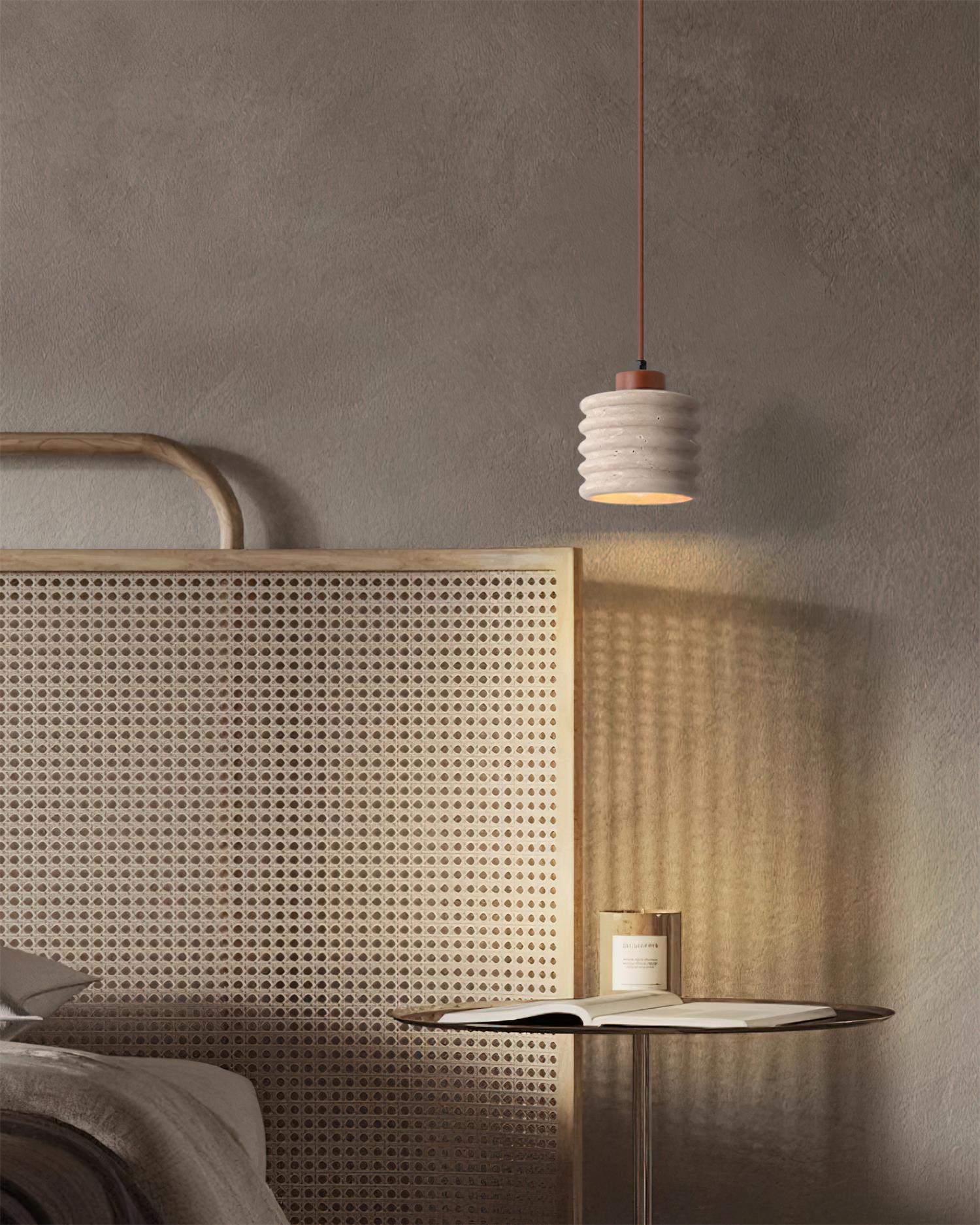 Pendant Lamp Travertine Ripple Shade Walnut Wood Organic Wabi-Sabi