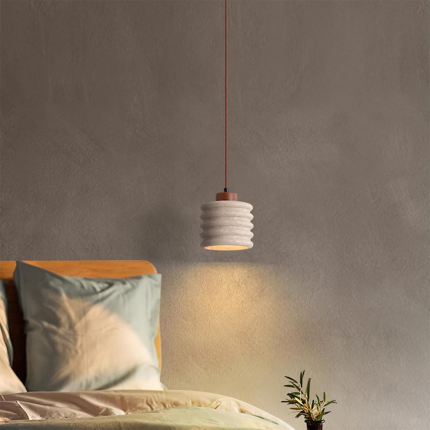 Pendant Lamp Travertine Ripple Shade Walnut Wood Organic Wabi-Sabi
