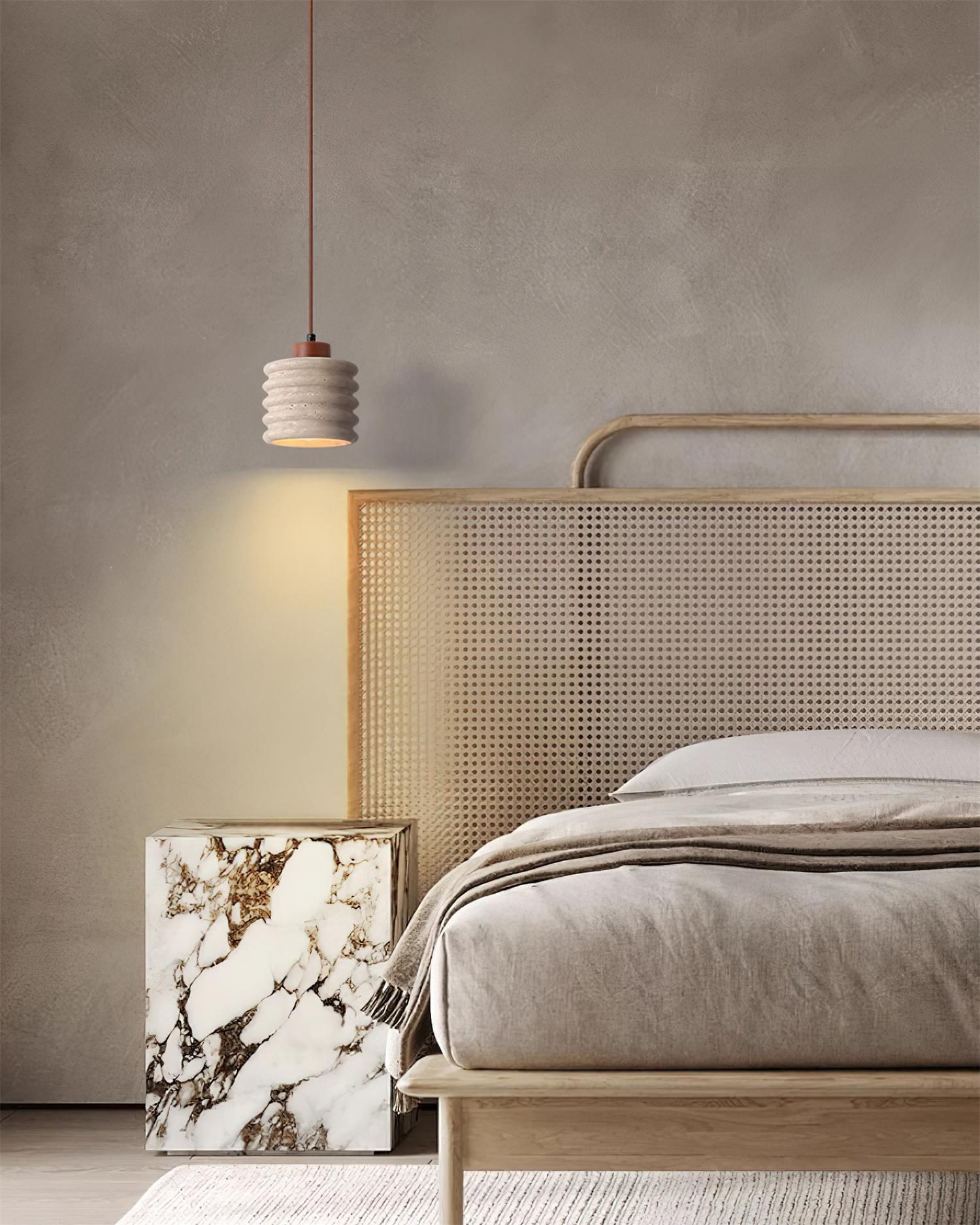 Pendant Lamp Travertine Ripple Shade Walnut Wood Organic Wabi-Sabi