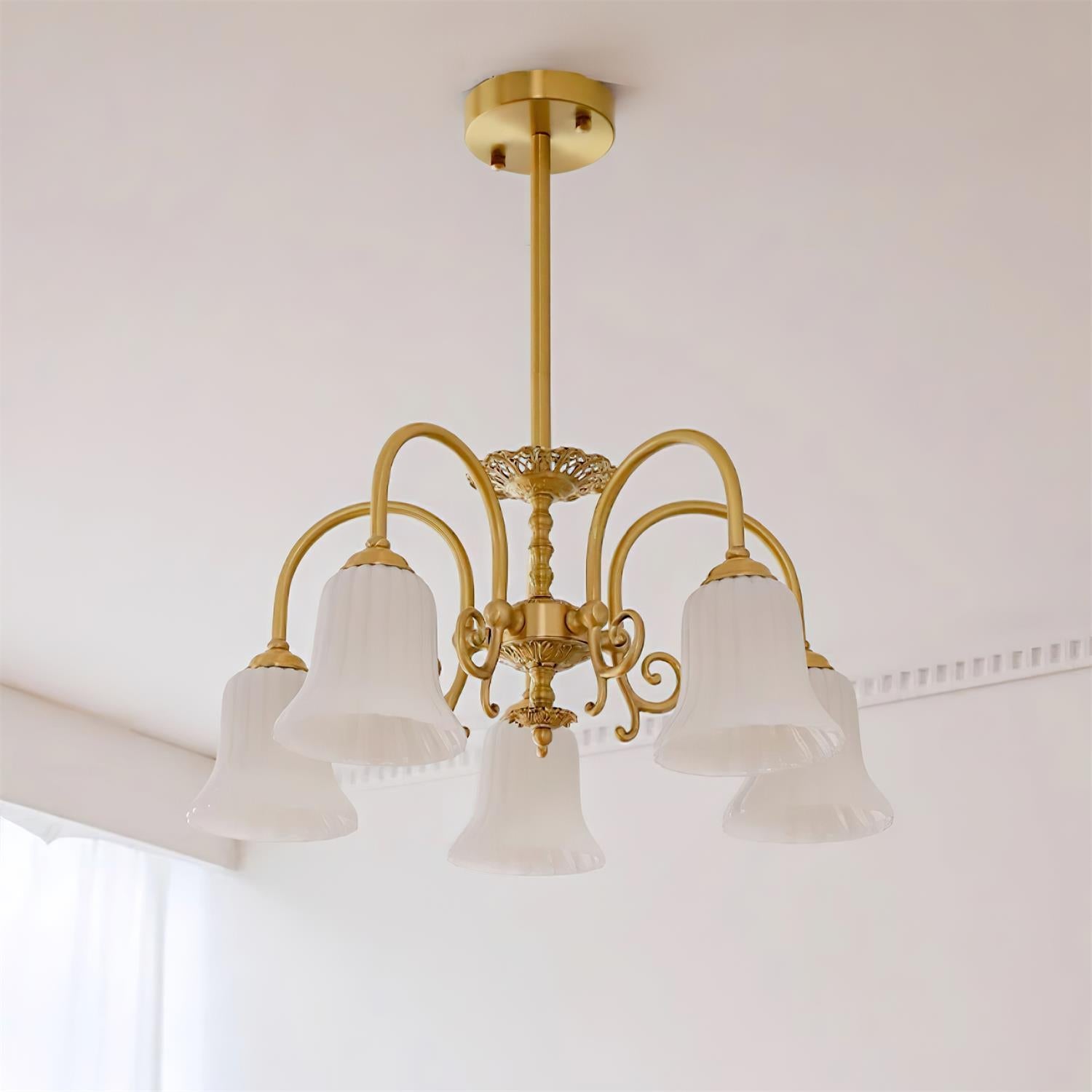 Chandelier with Brass Arms White Glass Shades Opulent Luxe - Letslighting