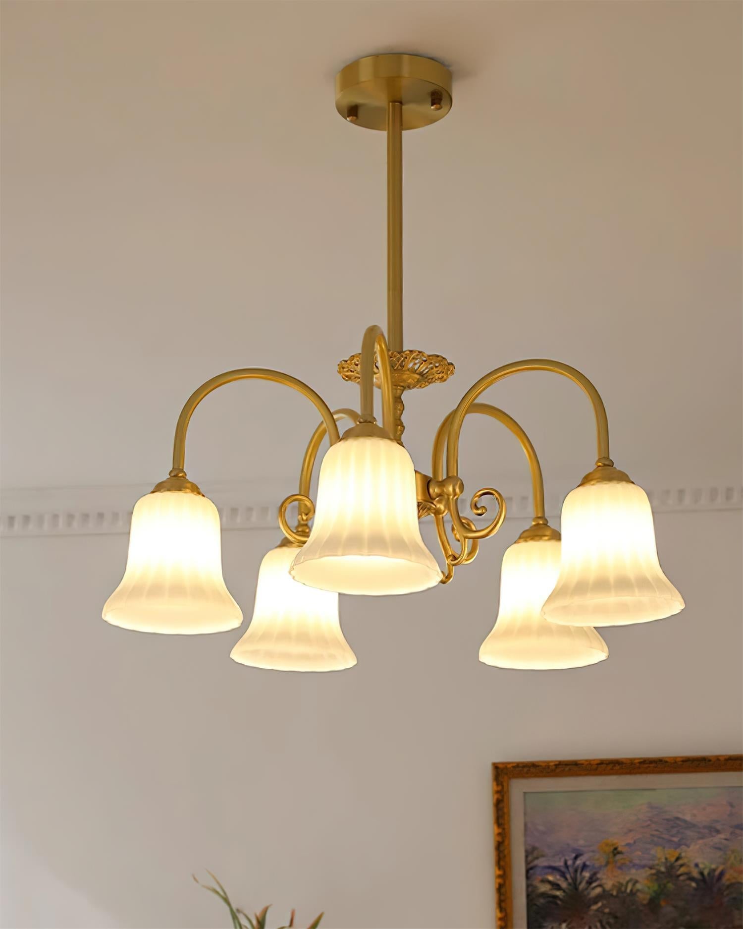 Chandelier with Brass Arms White Glass Shades Opulent Luxe - Letslighting
