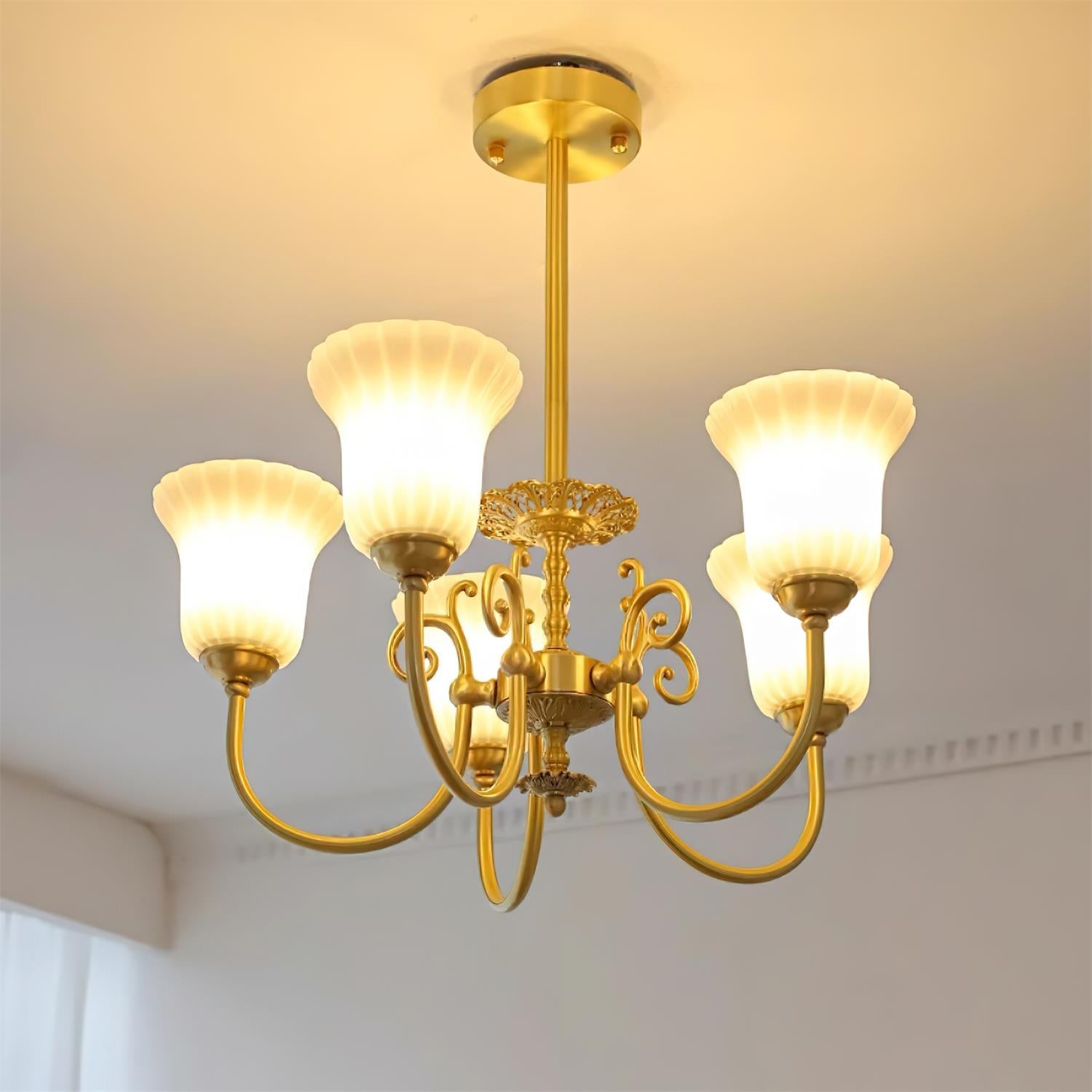 Chandelier with Brass Arms White Glass Shades Opulent Luxe - Letslighting