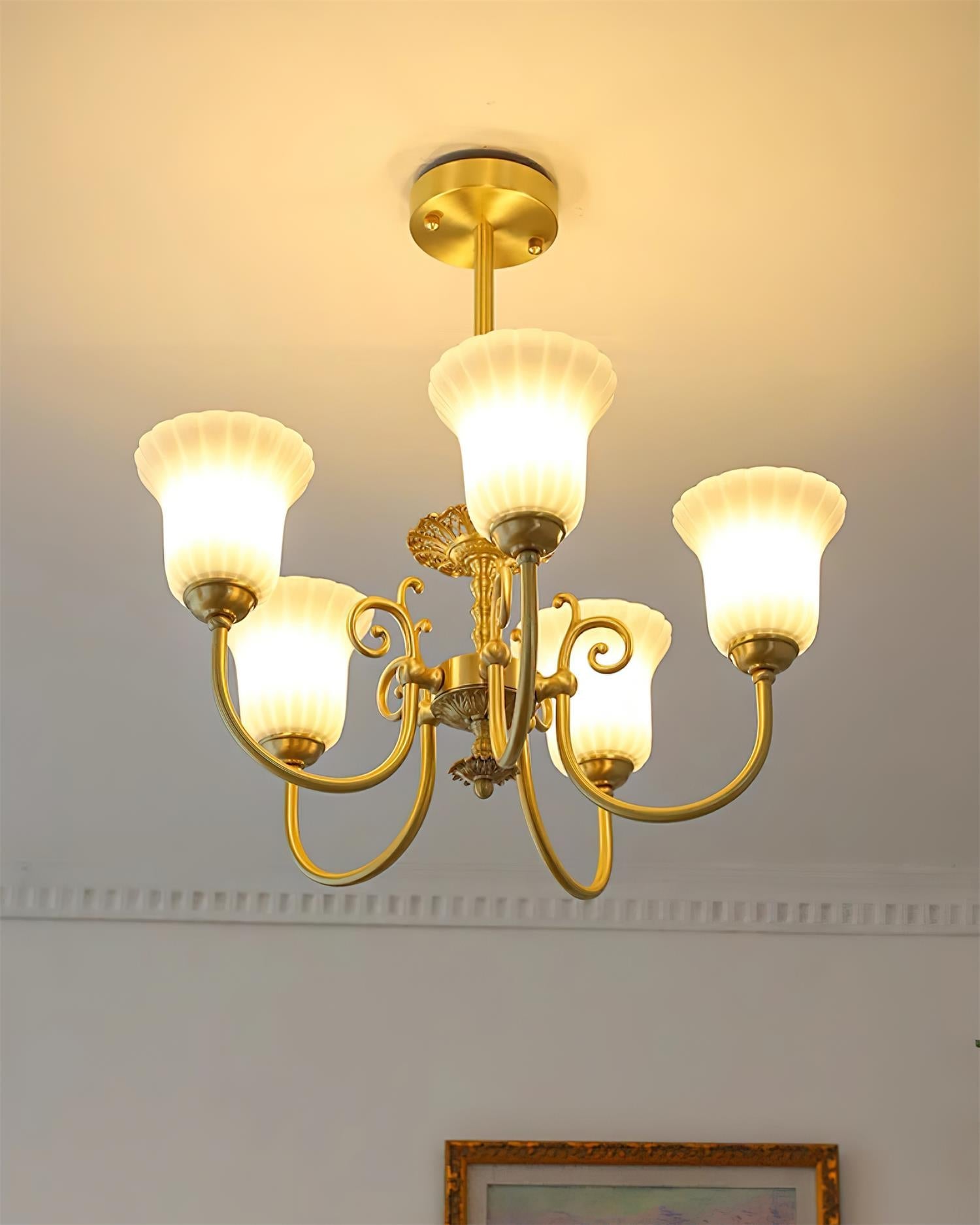 Chandelier with Brass Arms White Glass Shades Opulent Luxe - Letslighting