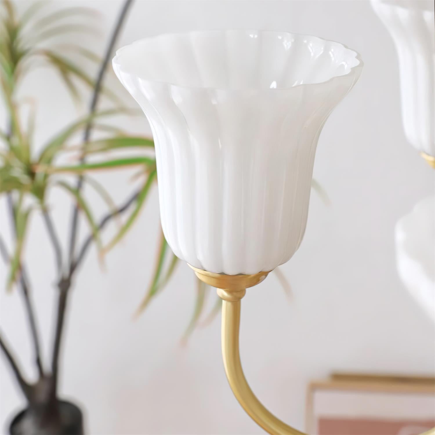 Chandelier with Brass Arms White Glass Shades Opulent Luxe - Letslighting