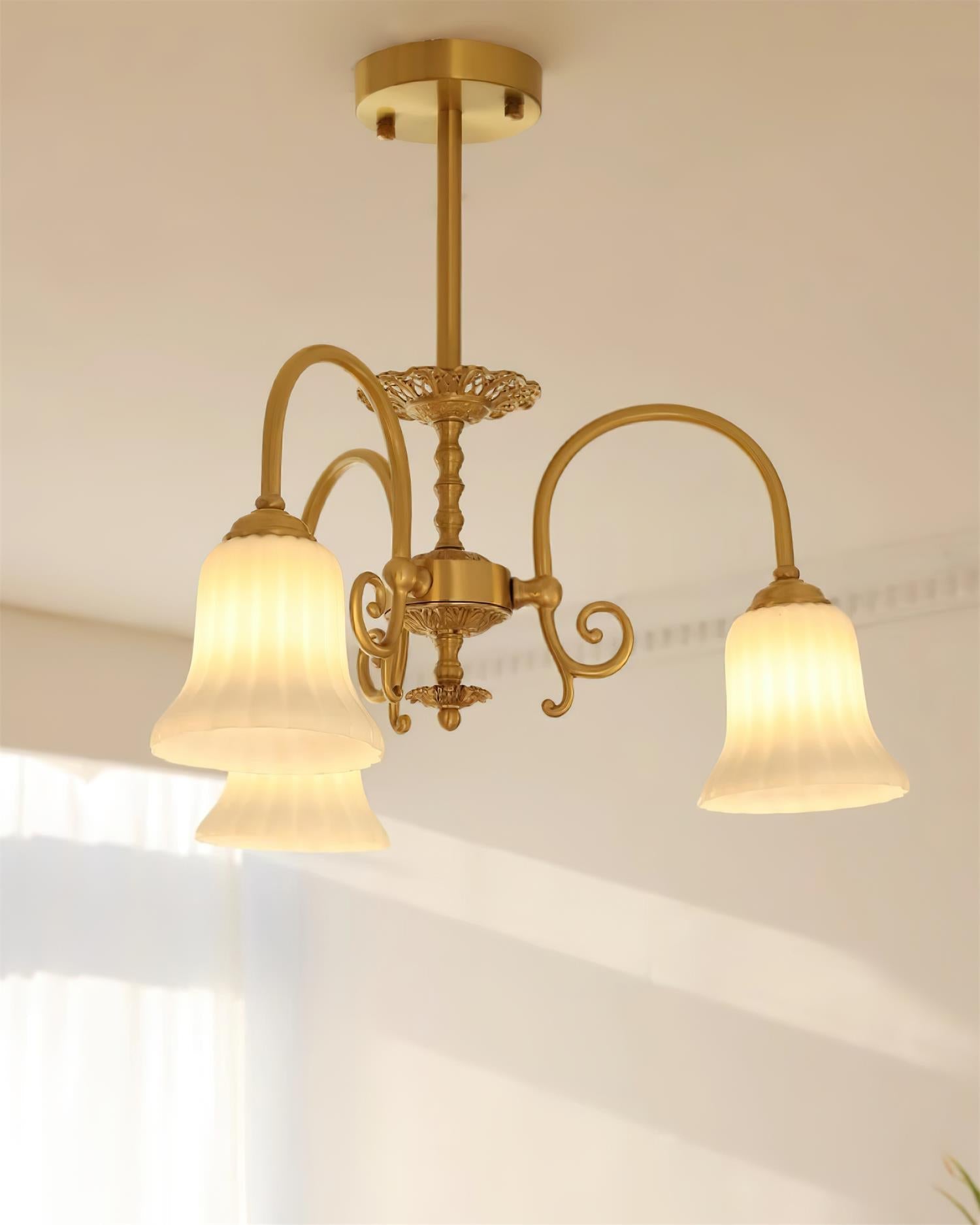 Chandelier with Brass Arms White Glass Shades Opulent Luxe - Letslighting