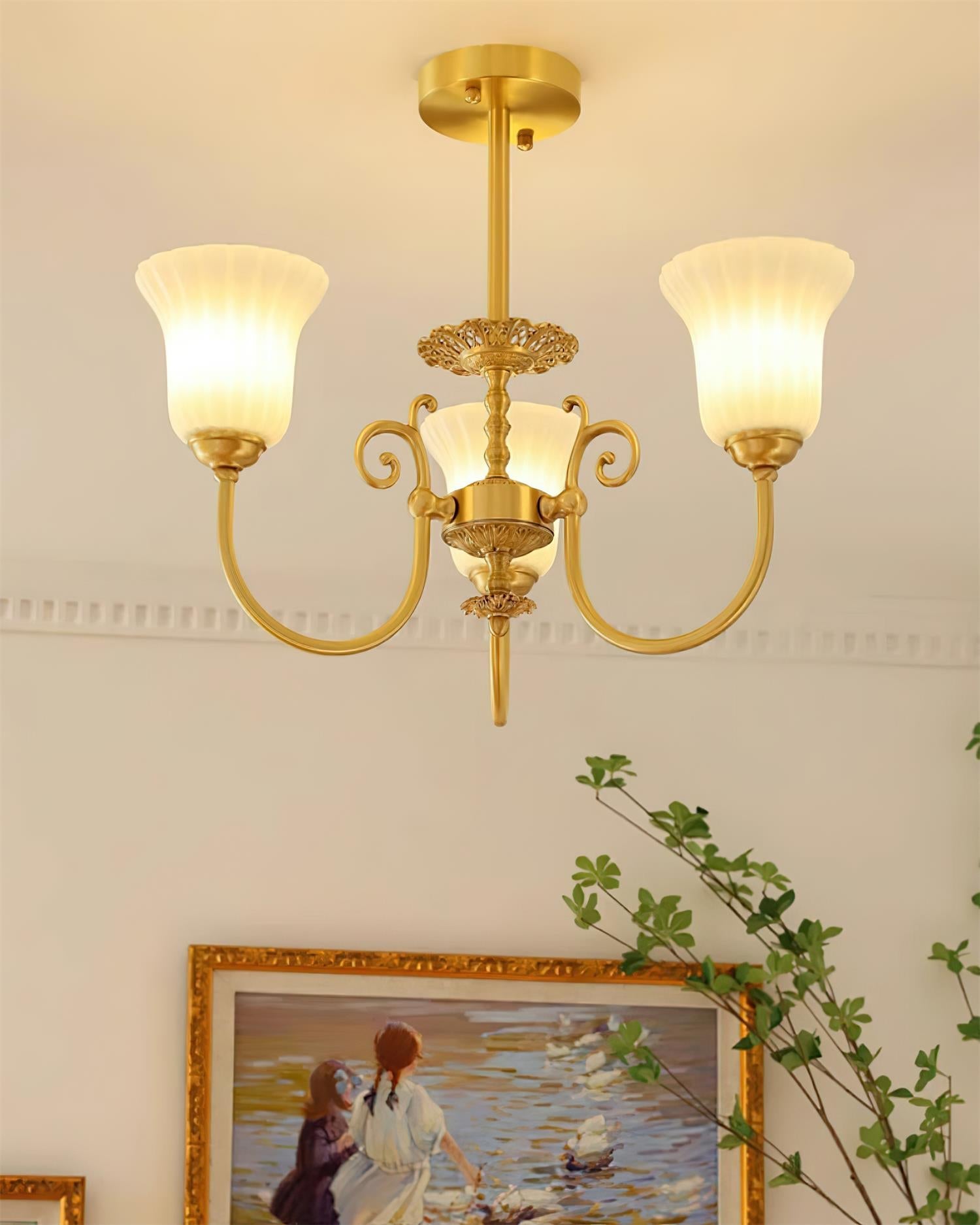 Chandelier with Brass Arms White Glass Shades Opulent Luxe - Letslighting