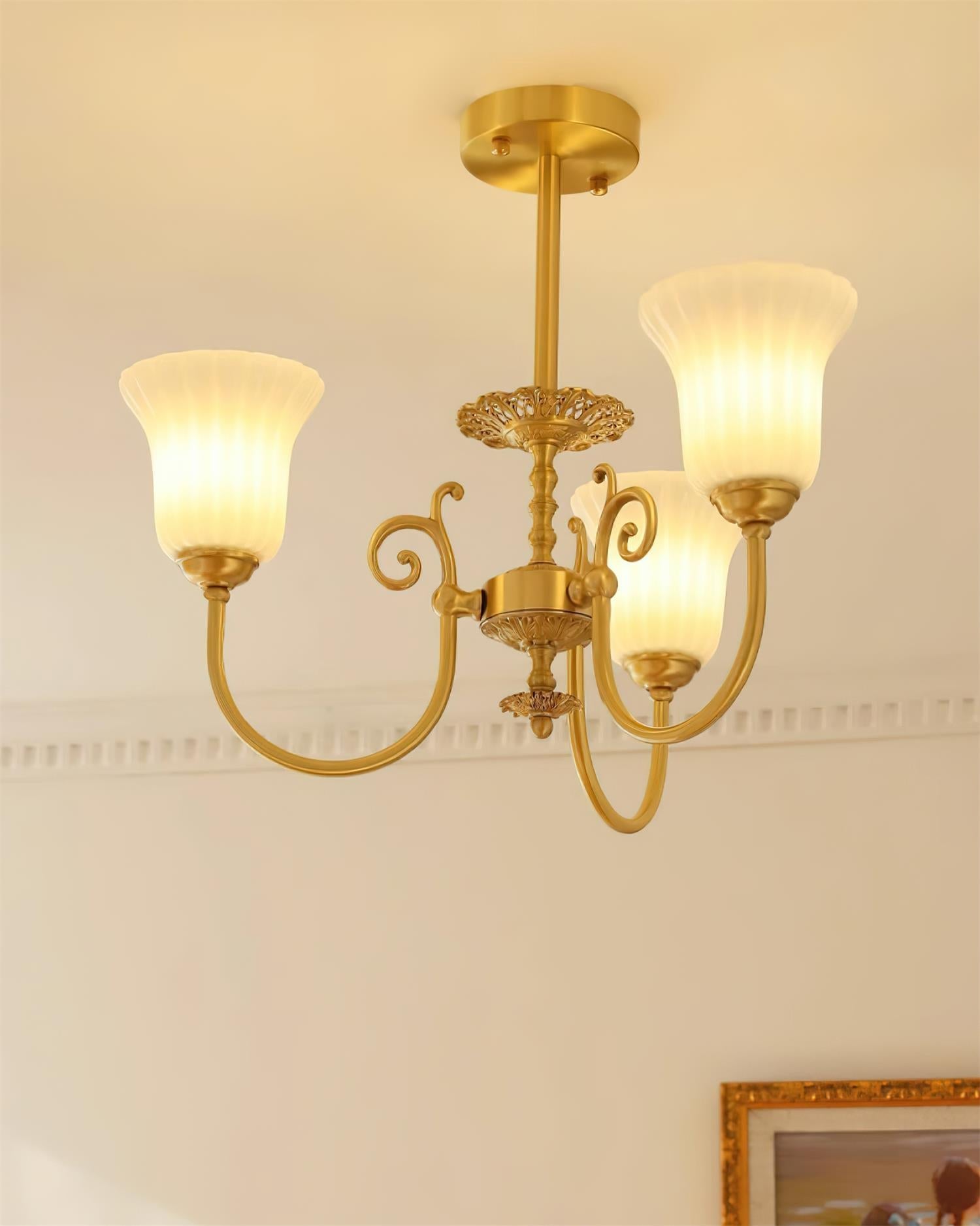 Chandelier with Brass Arms White Glass Shades Opulent Luxe - Letslighting
