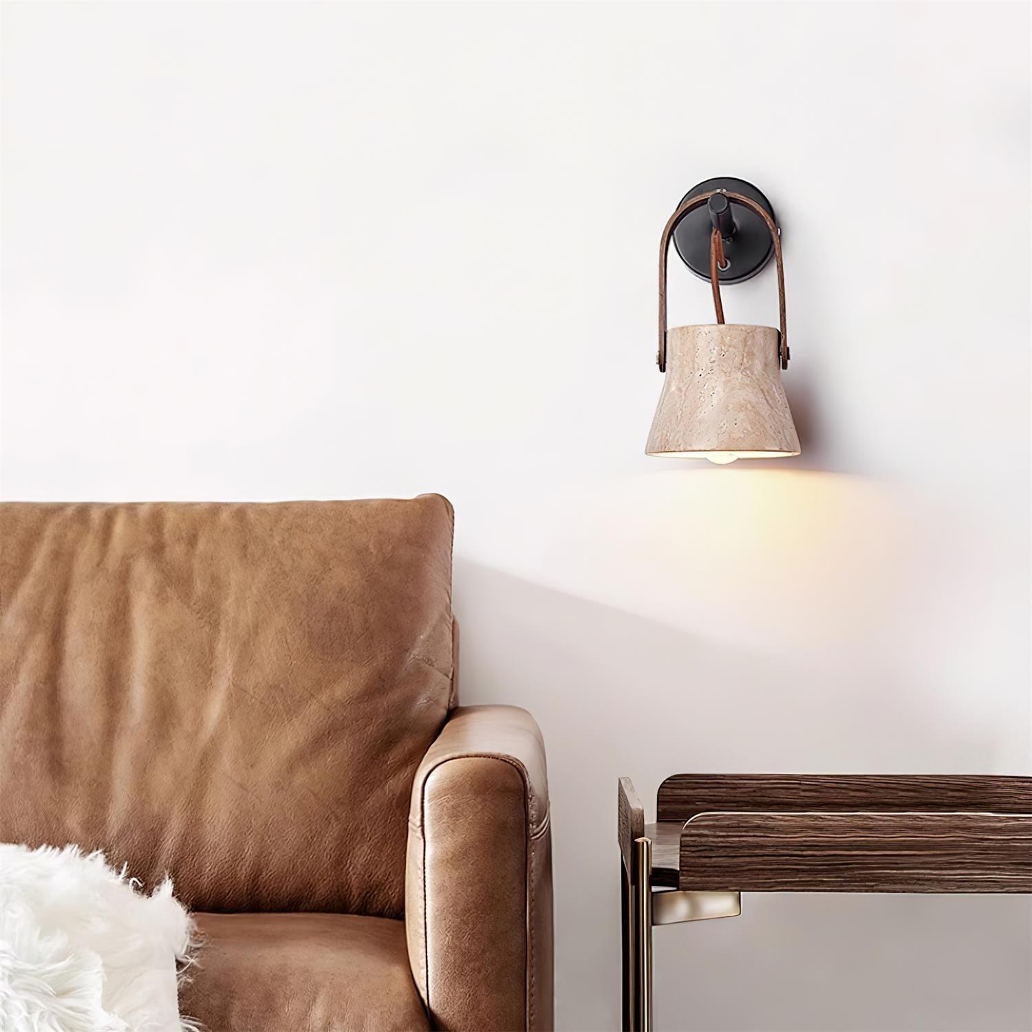 Wall Lamp Body Wood Strap Travertine Shade Minimalist - Letslighting