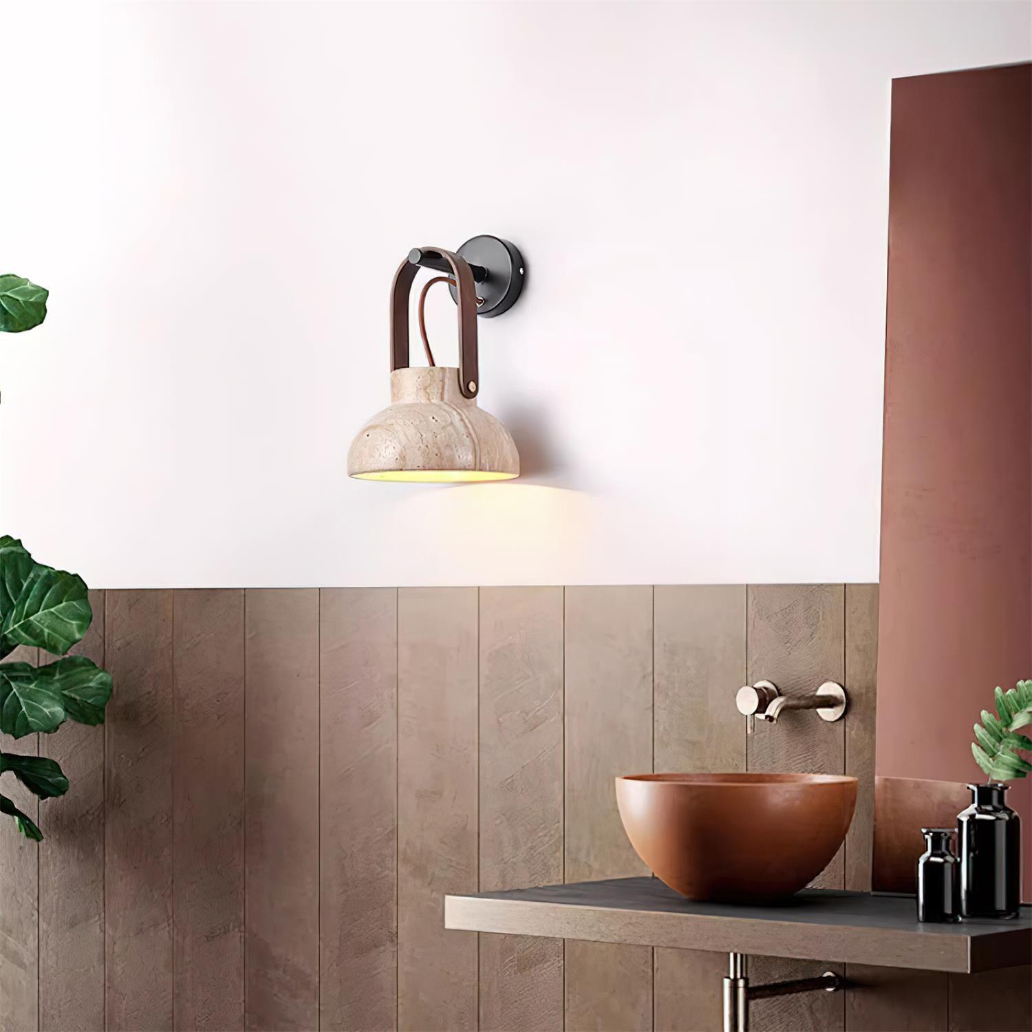 Wall Lamp Body Wood Strap Travertine Shade Minimalist - Letslighting